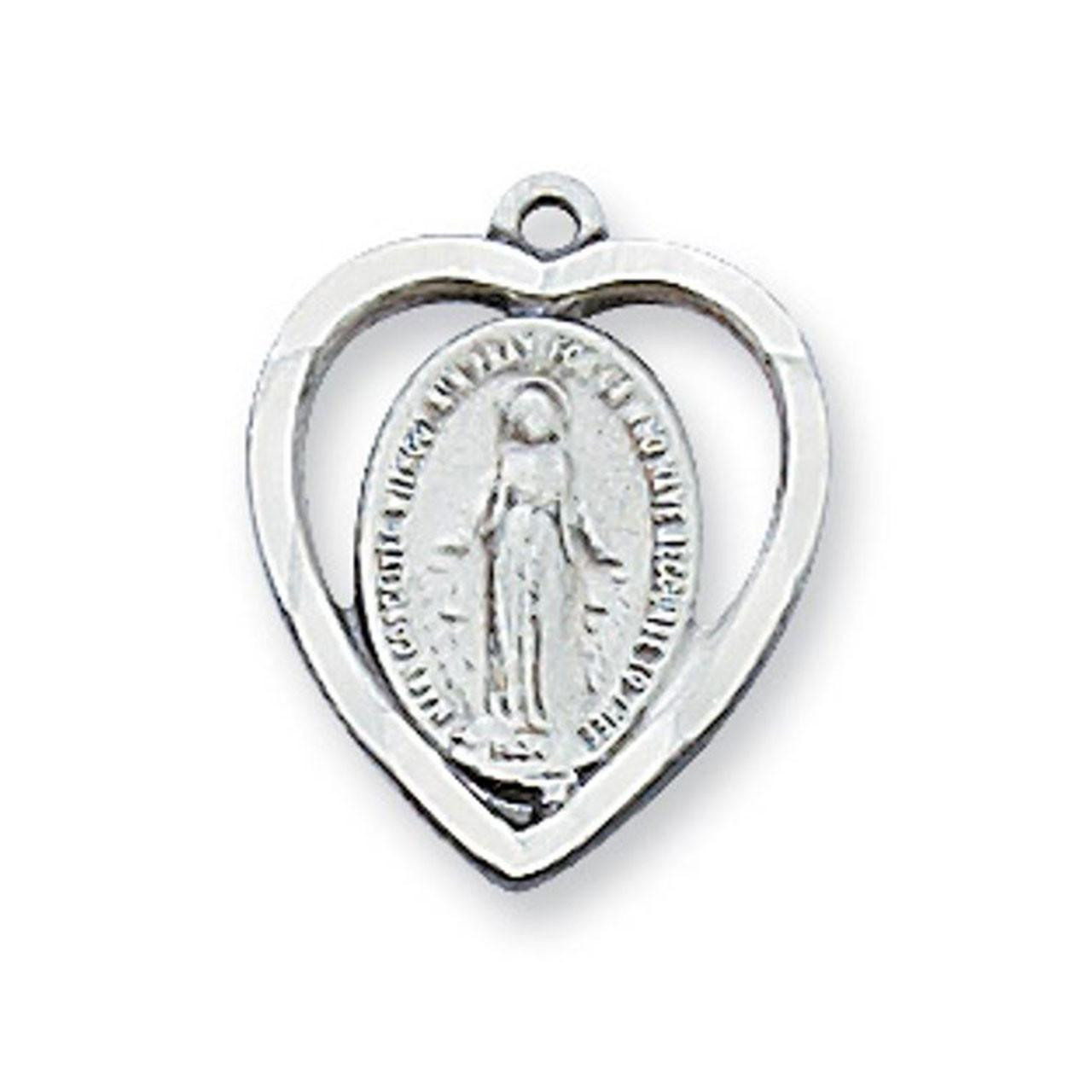 Detail of the Miraculous Medal in the Heart that is sterling silver