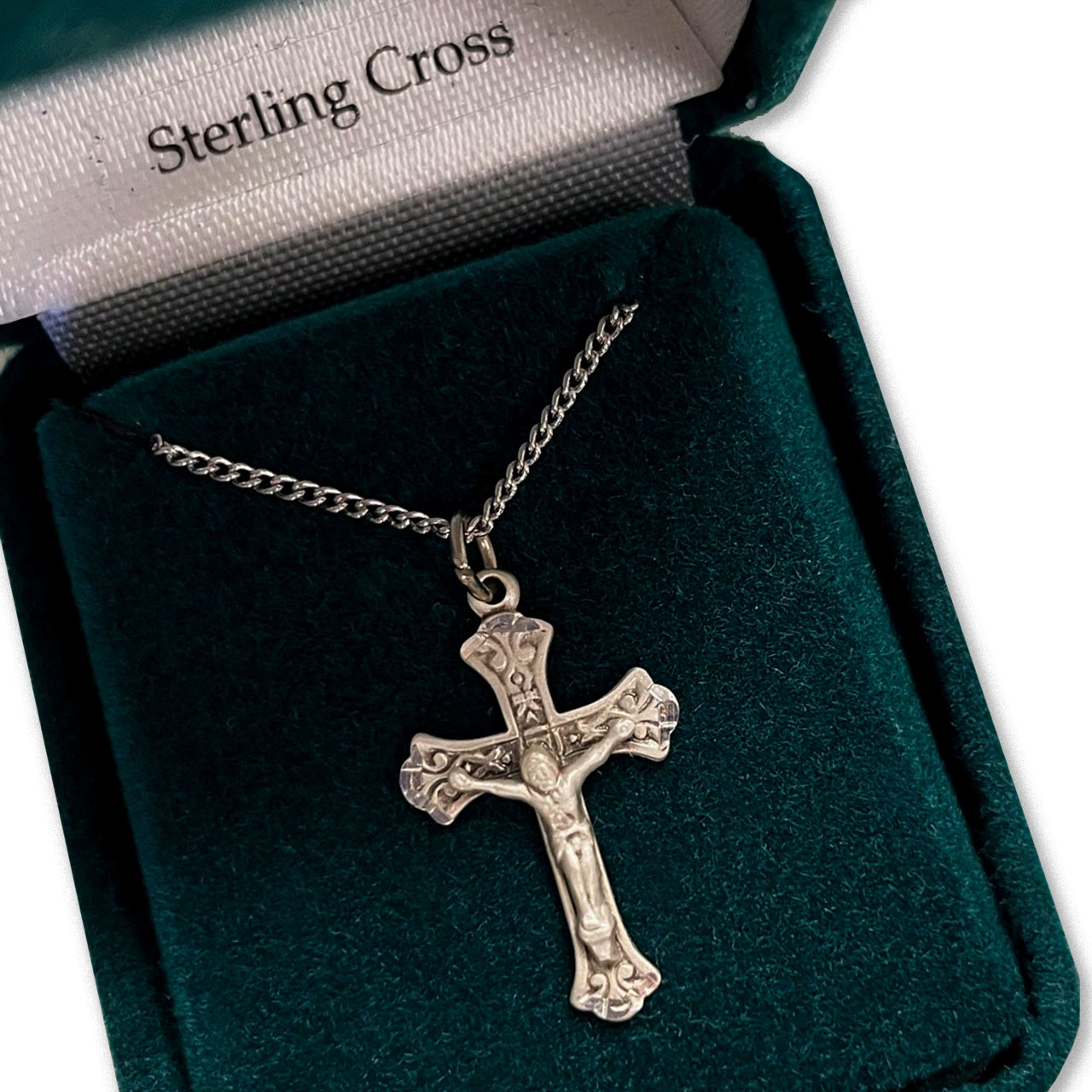 18" Sterling Baroque Crucifix Necklace in gift box