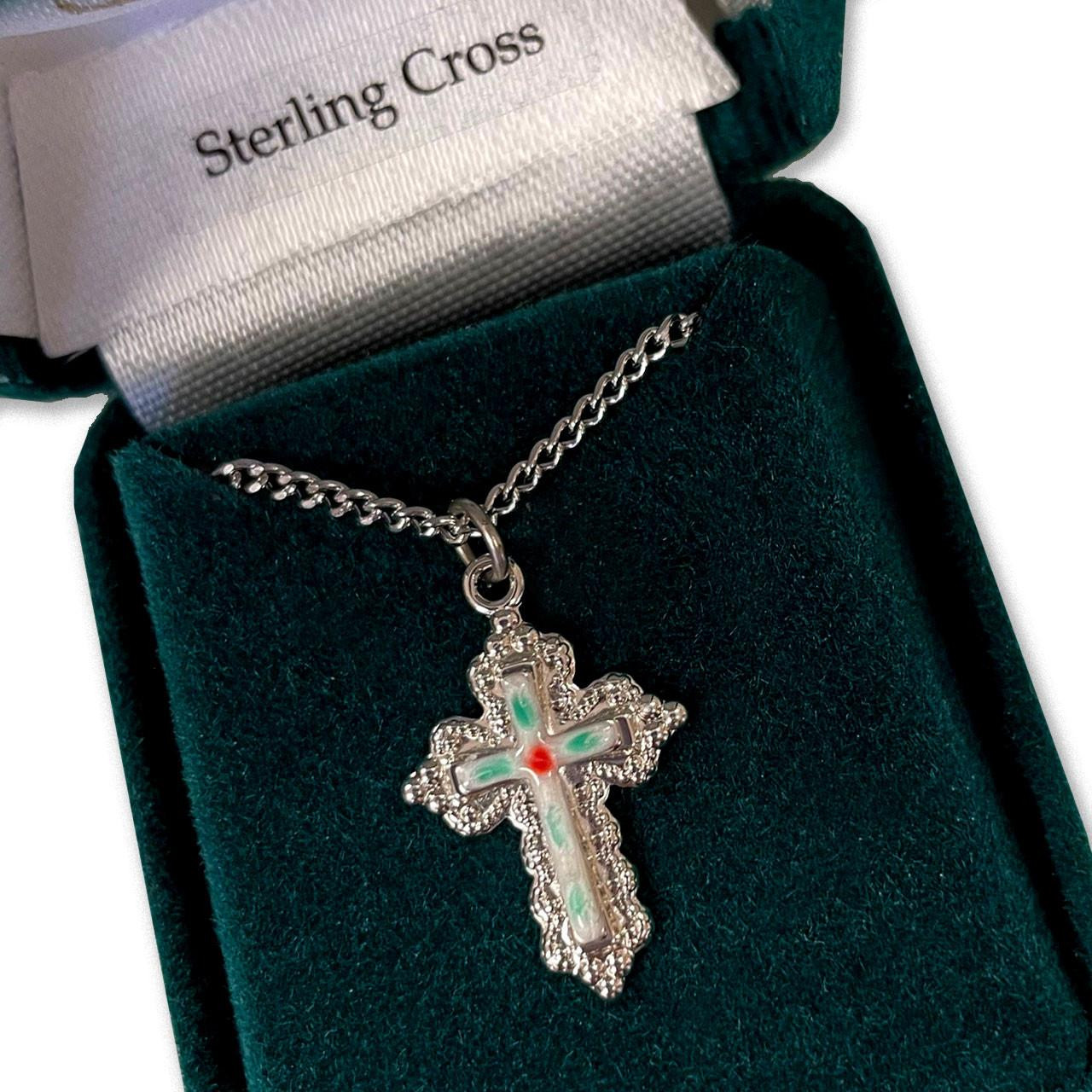 18" Sterling Silver Cloisonne Enamel Cross Necklace