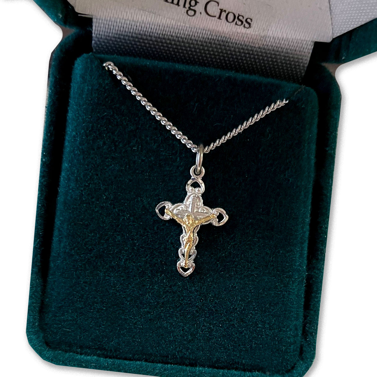 Two Tone Budded Crucifix Necklace in sterling silver and 18KT gold plate with 16" chain with clasp
