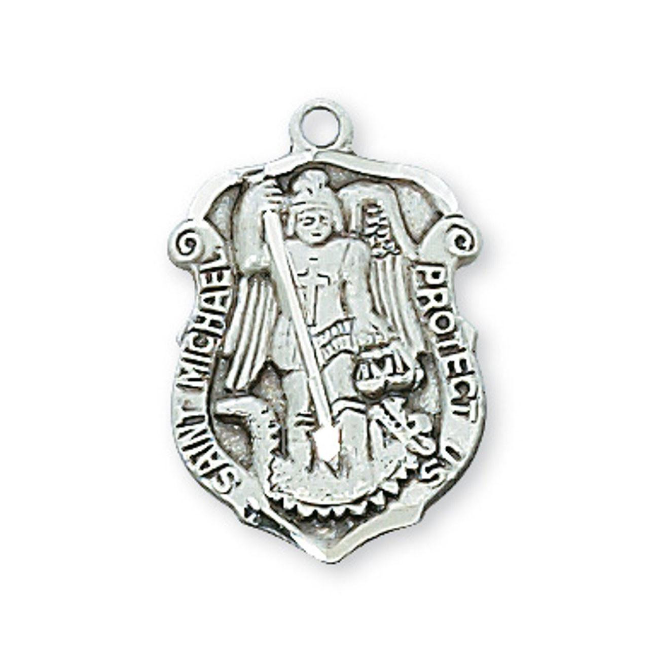 Detail of the 18IN Sterling Police Badge St. Michael Necklace