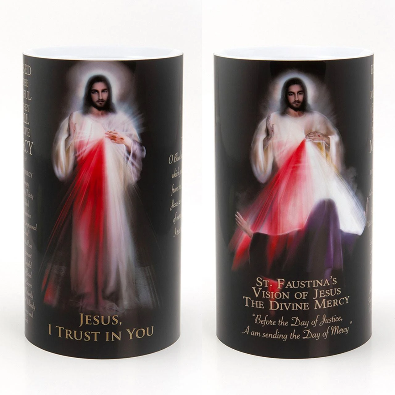 Front and Back of the 4X7 LED Divine Mercy Candle