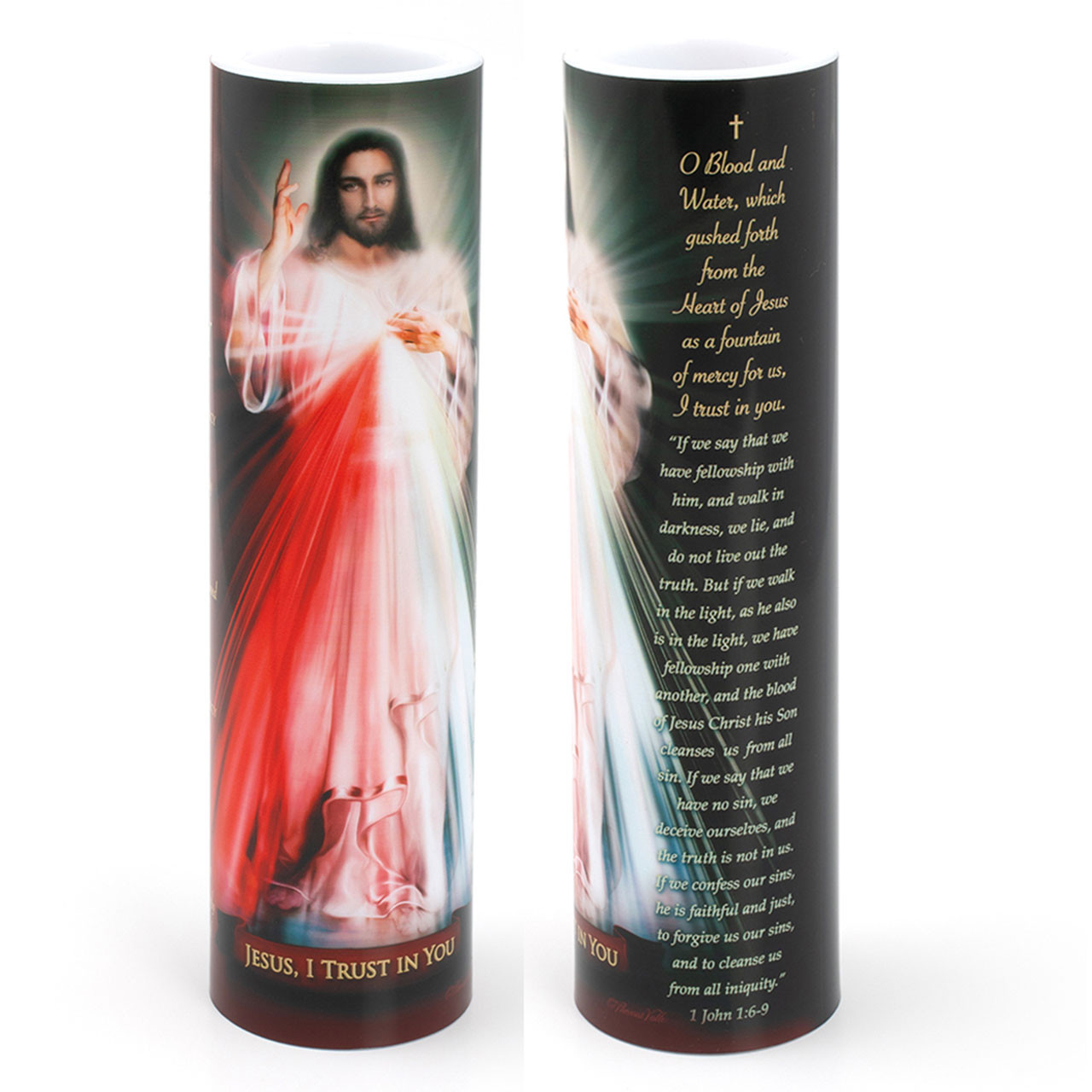 Front & Back of the 2X8 LED Divine Mercy Candle