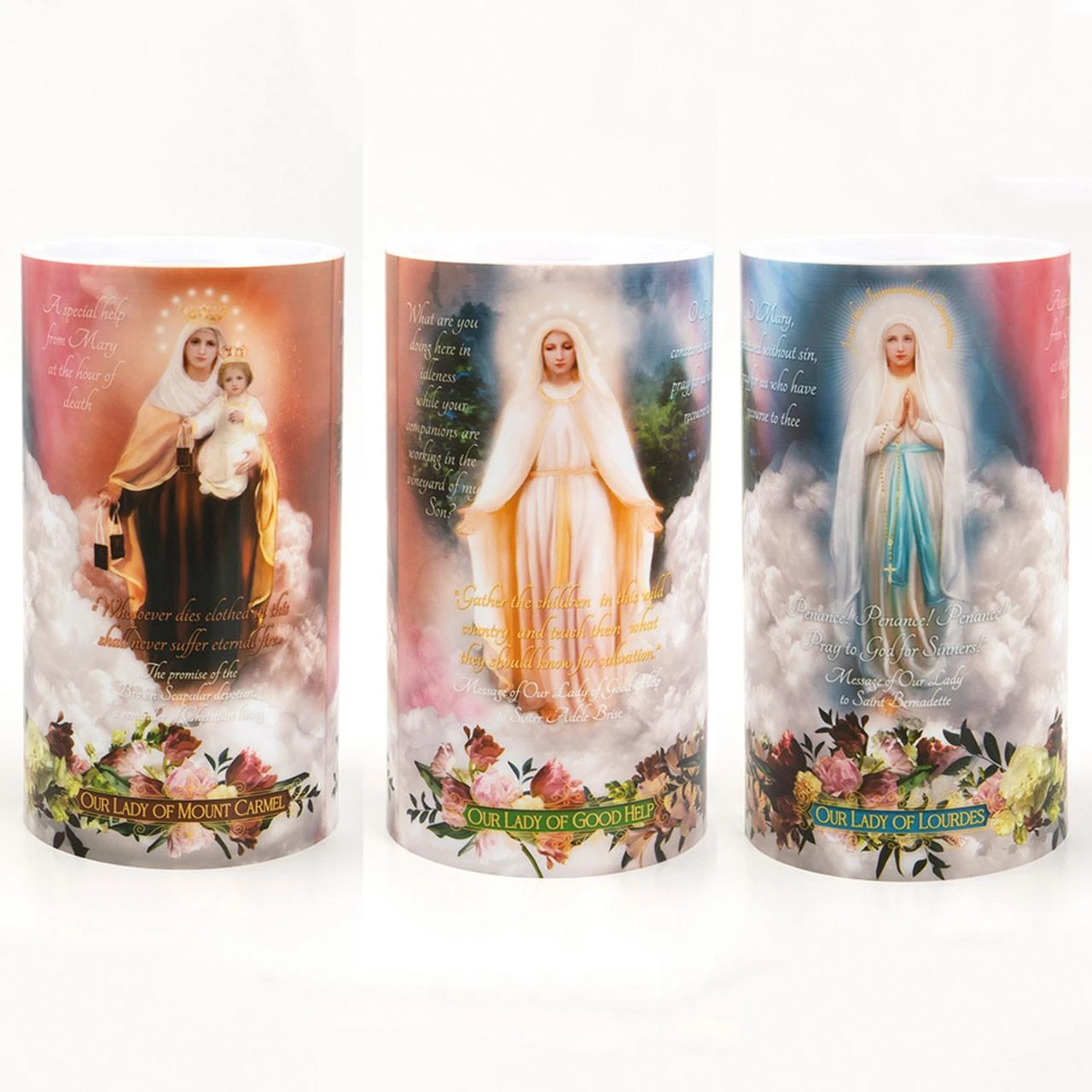 Detail of the art on the 4X7 LED 3 Our Lady Apparitions Candle