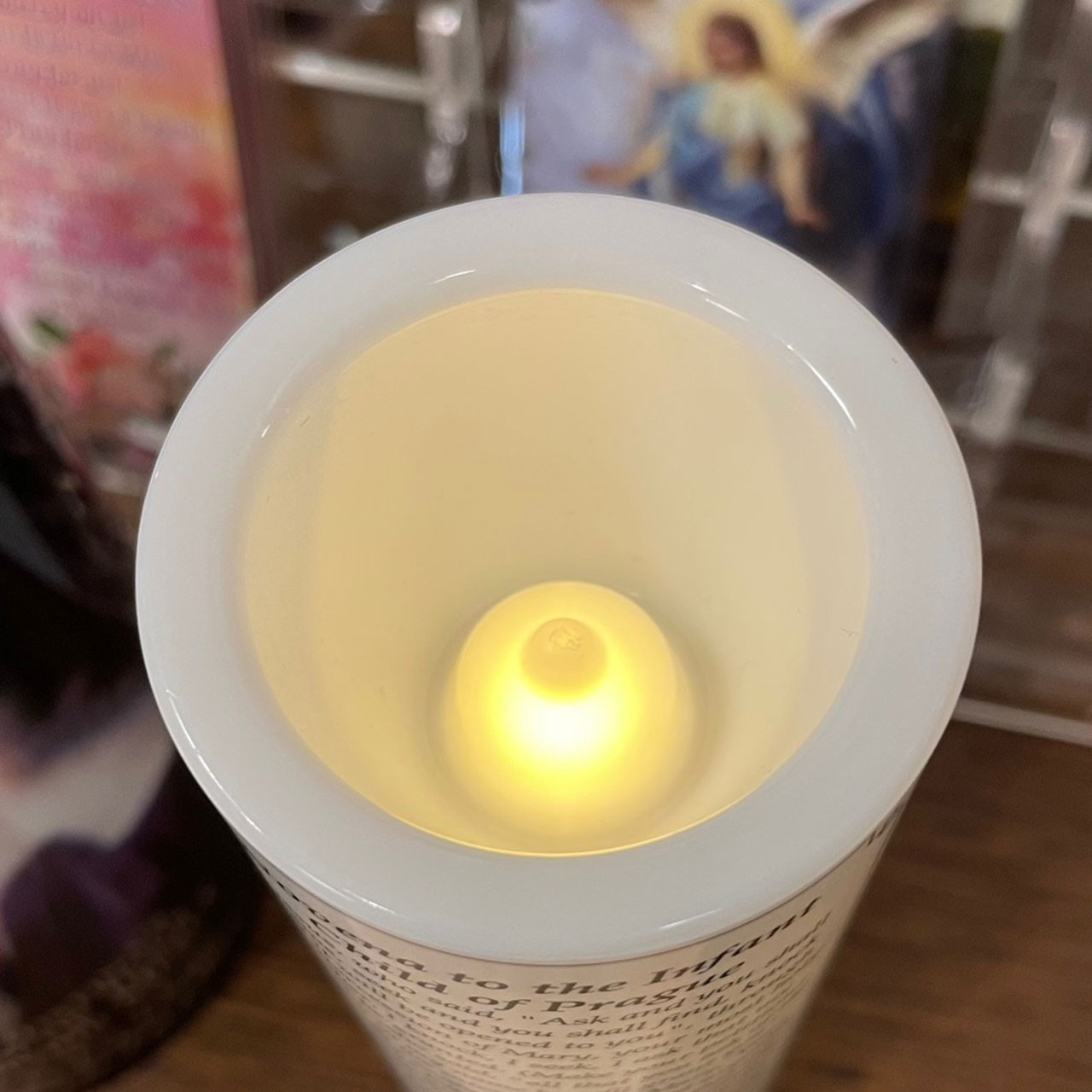 Detail of the candle top with the flame light on