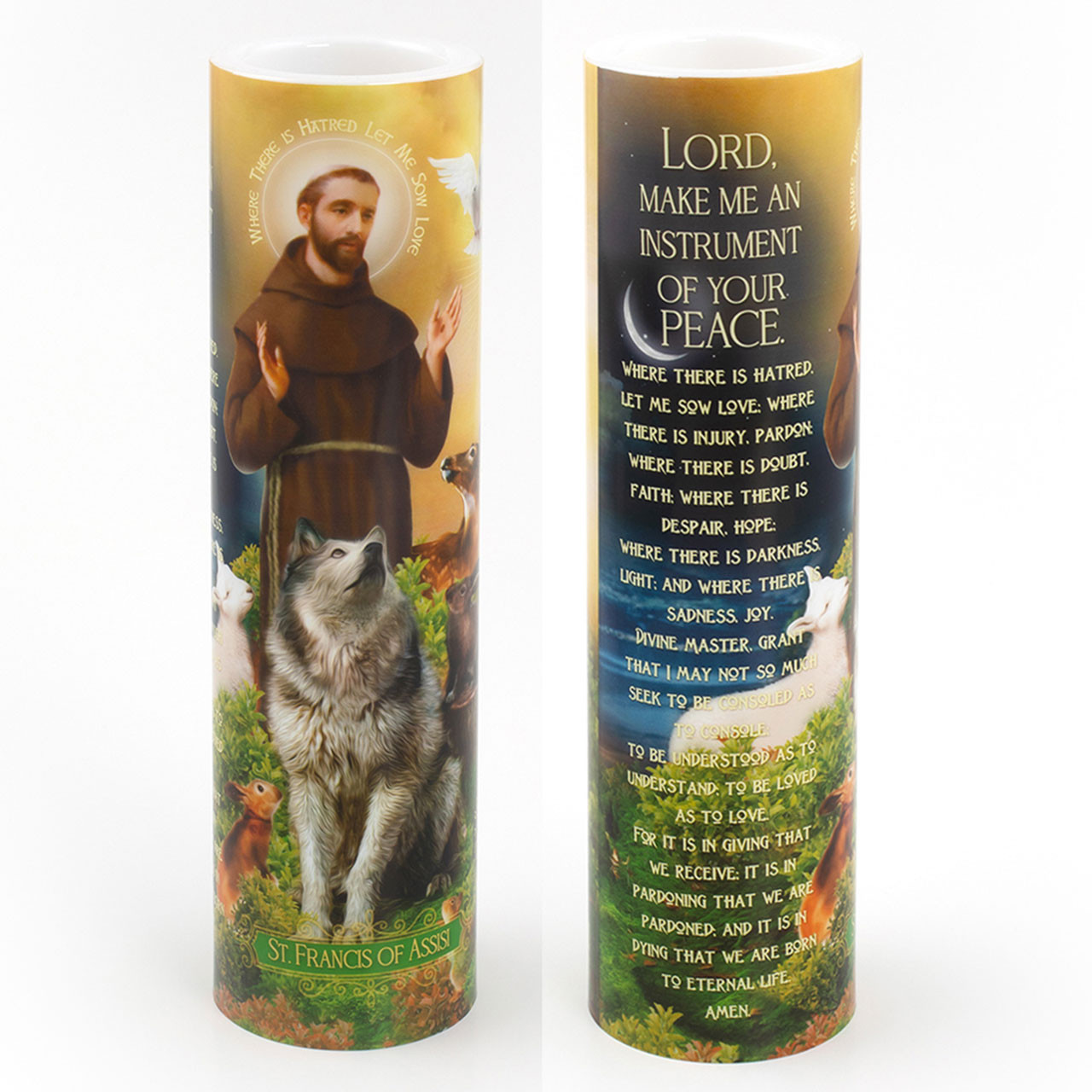 Front and back of the 2X8 LED St. Francis Candle