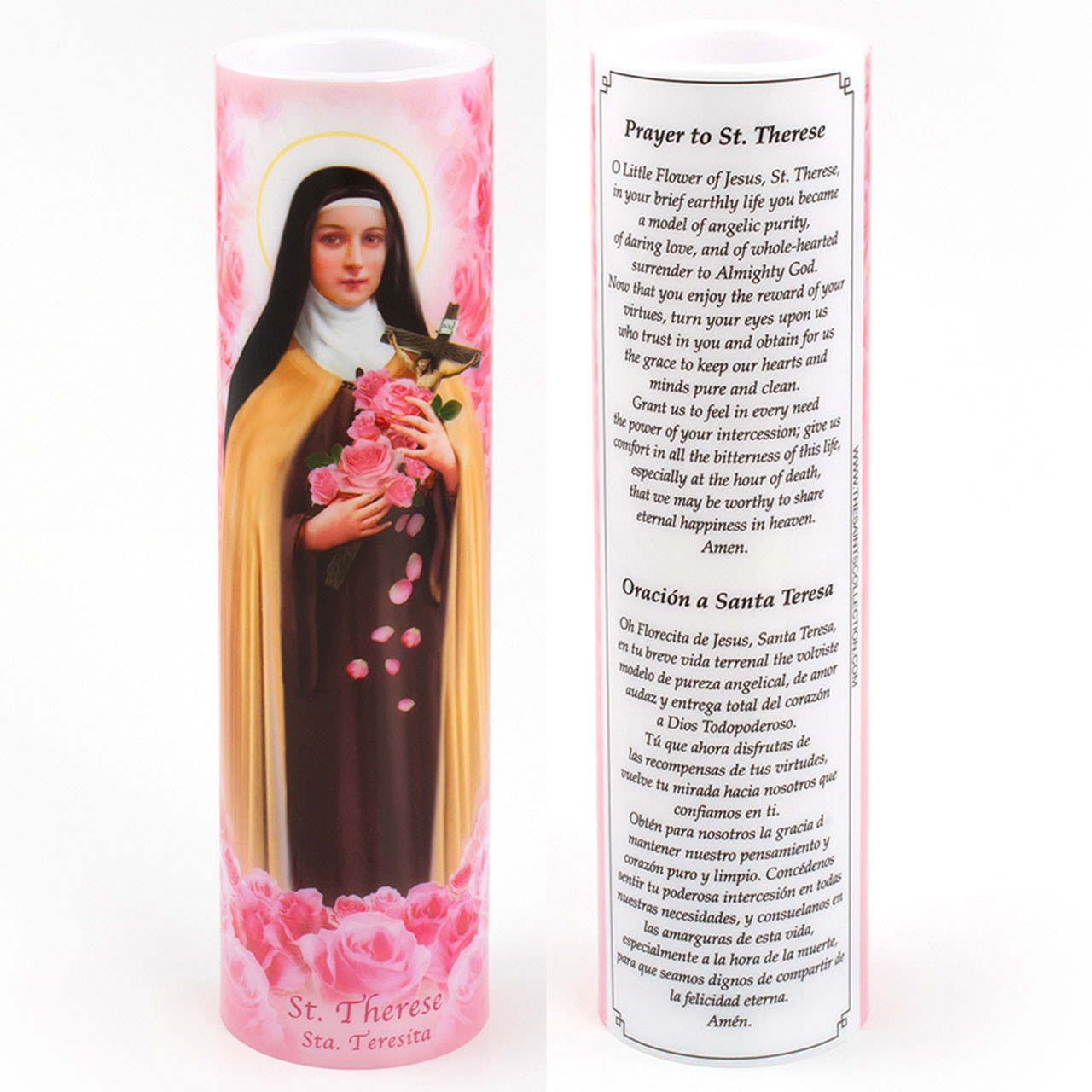 Front and Back of the 2X8 LED St. Therese Candle