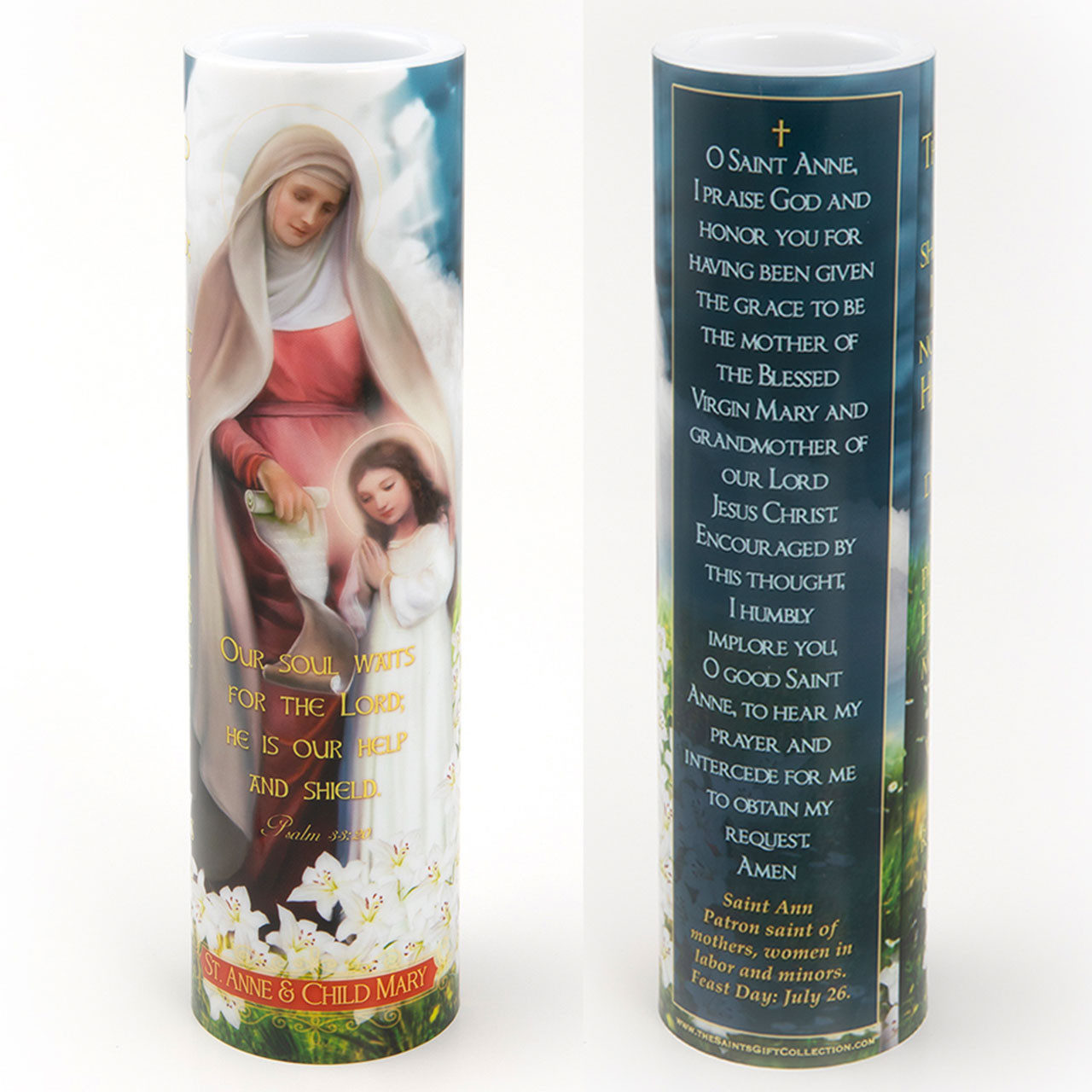 Front and Back of the 2X8 LED St. Anne and Child Mary Candle
