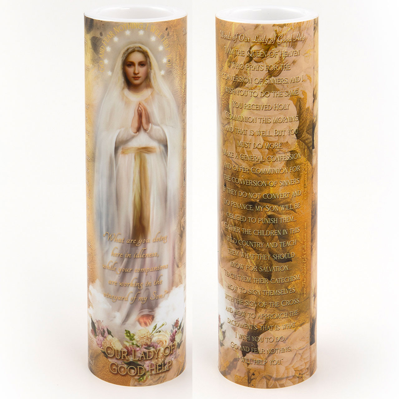 Front and Back of the 2X8 LED Our Lady of Good Help Candle