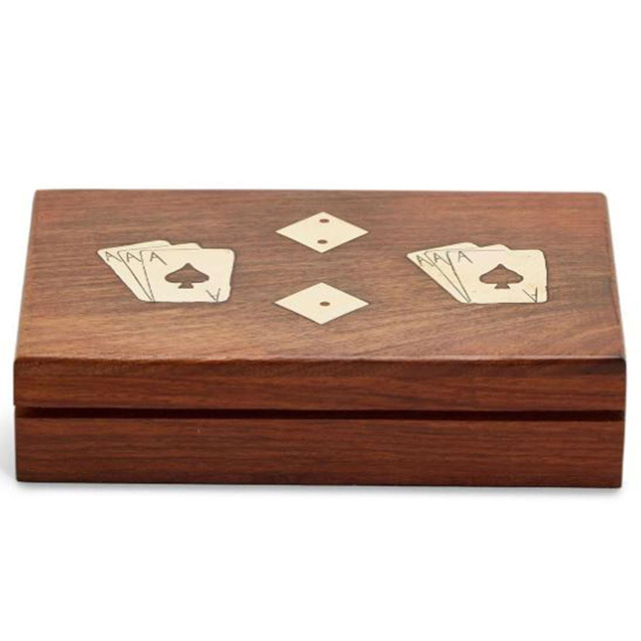 View of the top of the box for the Playing Cards & Dice Wood Box Set with decorative inlays