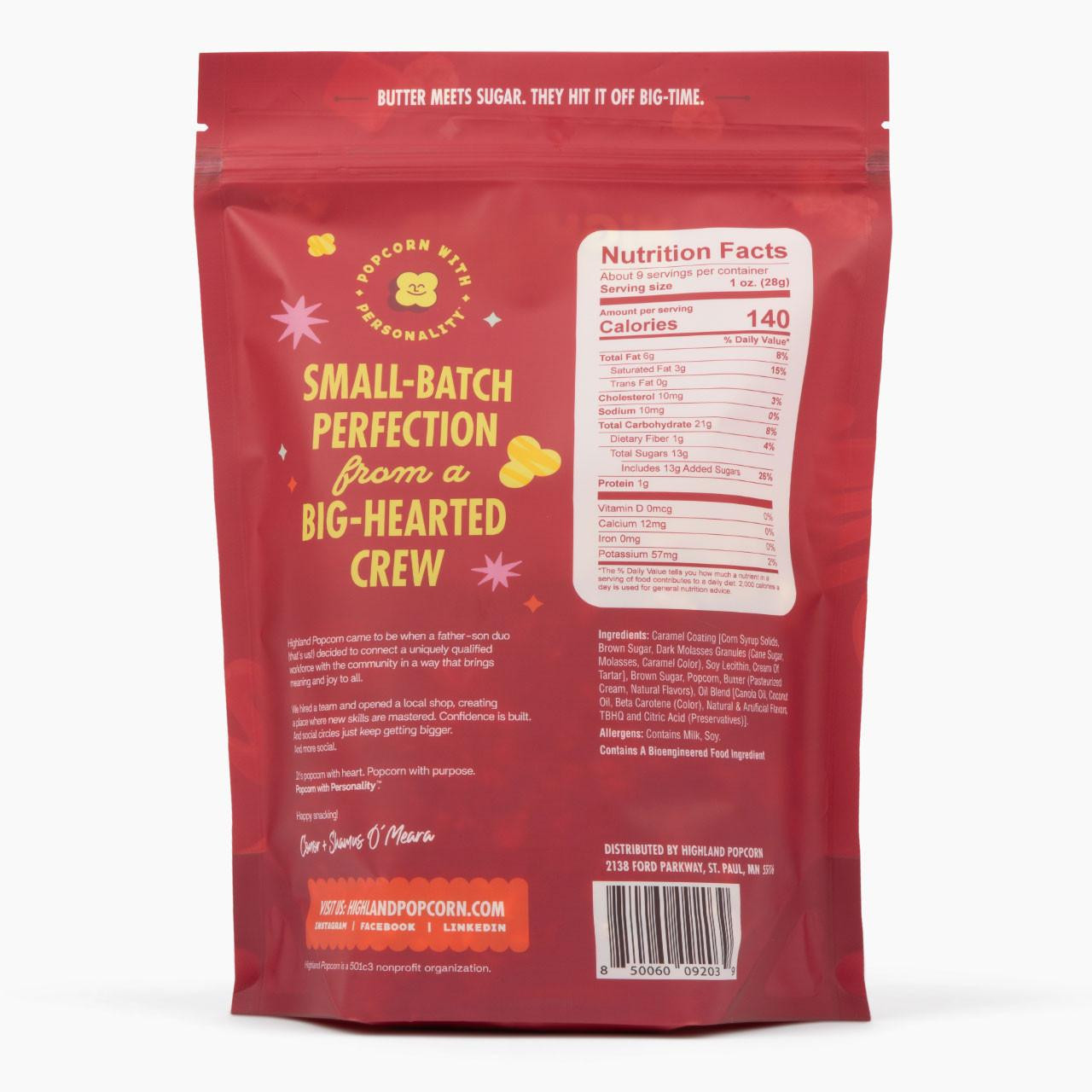 Back of the Lotta Caramel Popcorn bag