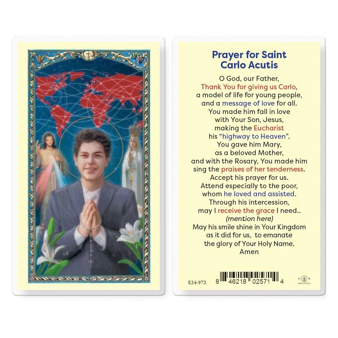 Laminated Saint Carlo Acutis Prayer Card