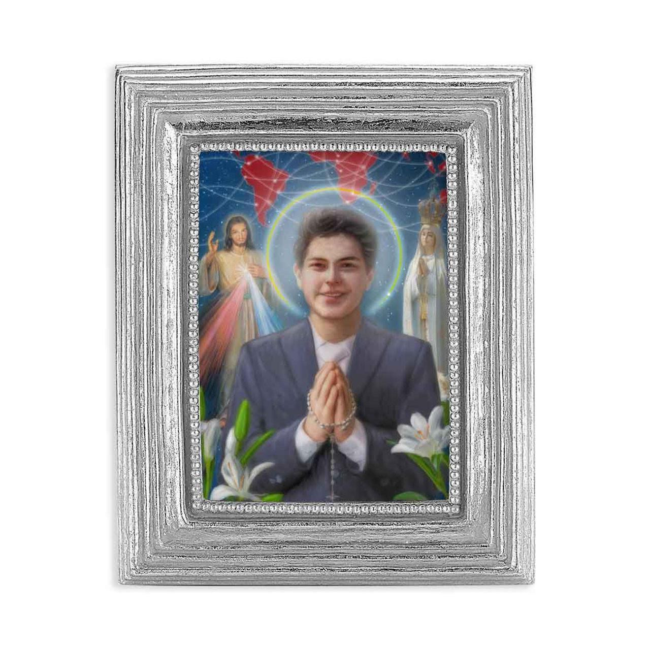 Small St. Carlo Acutis Framed Print shown in the silver frame