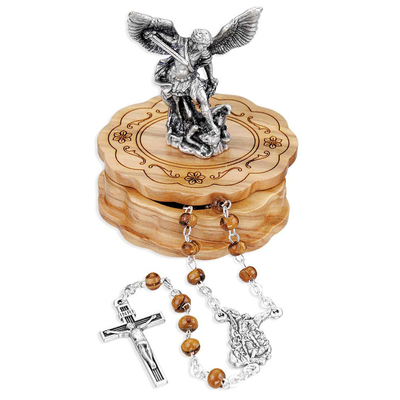 Small St. Michael Statue & Rosary, and Wood Rosary Box