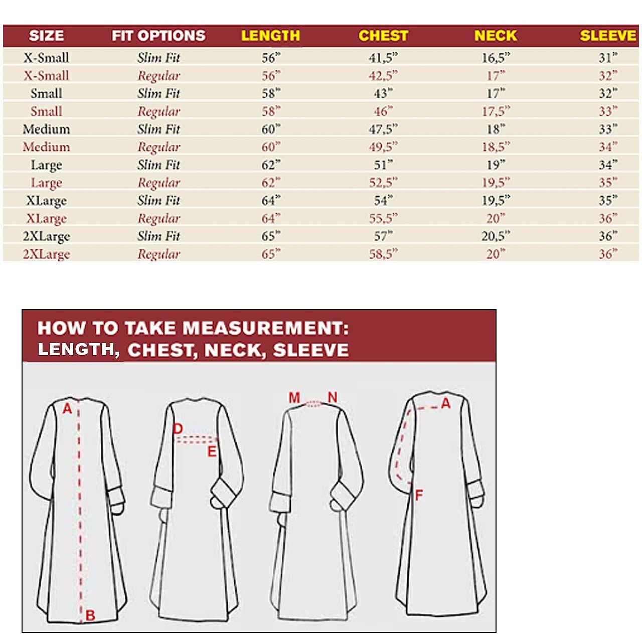 Bendetto Cassock from Solivari Size Chart