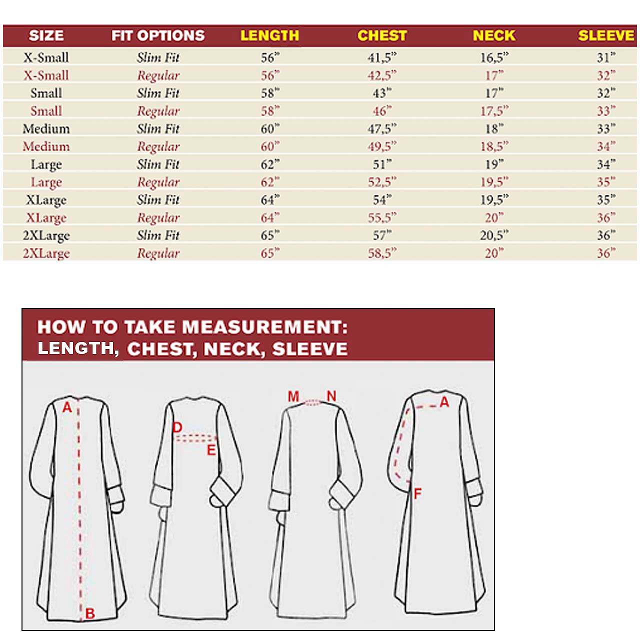 Giovanni Cassock Size Chart