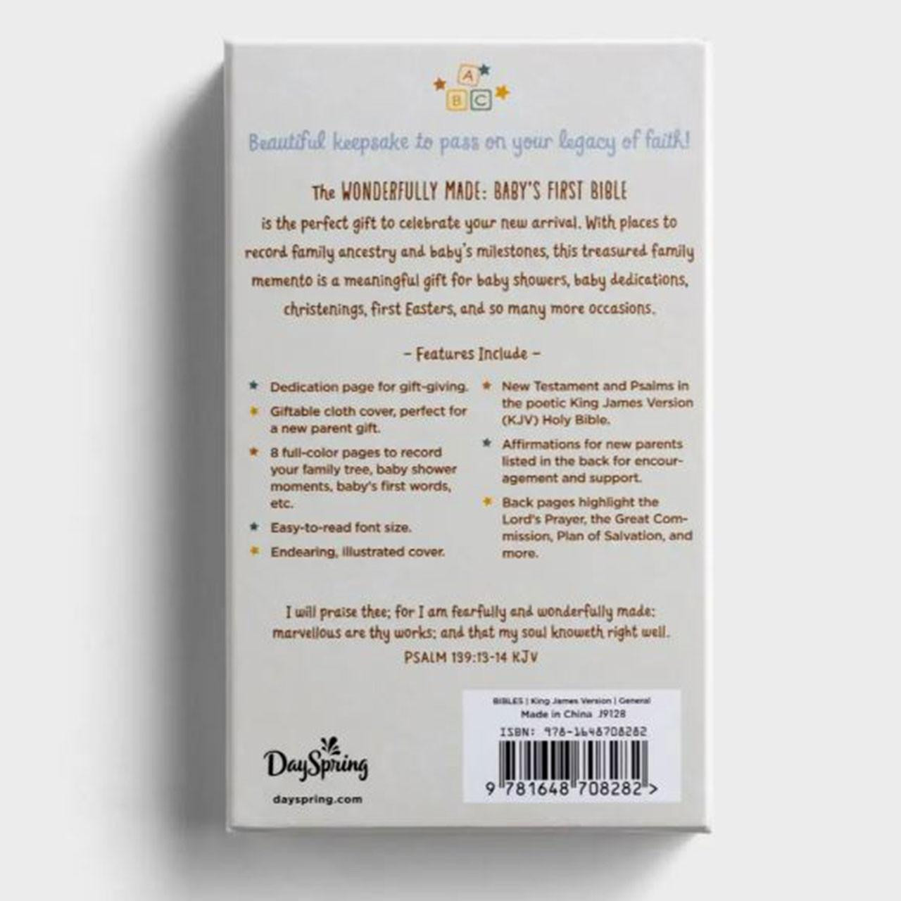 Back of the Blue Wonderfully Made Baby's 1ST Bible package box