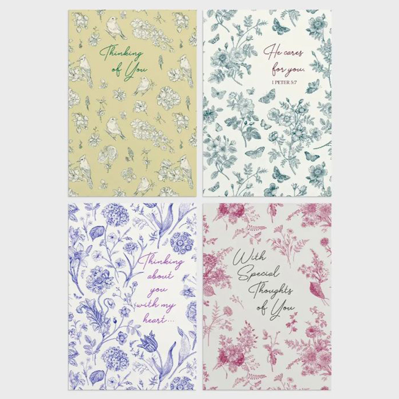 The 4 Card Designs included in the He Cares for You Thinking of You Boxed Card Set