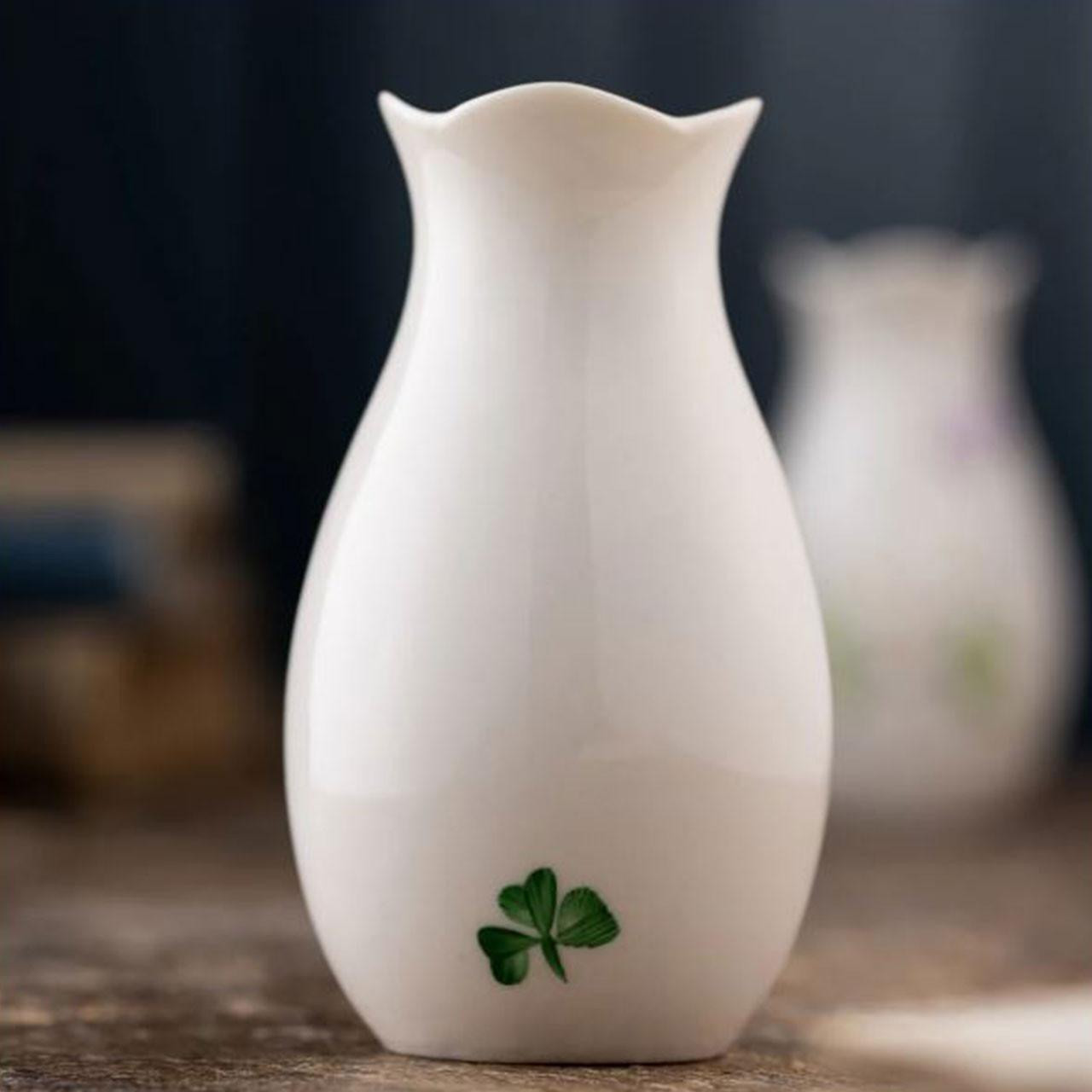 Hand painted Shamrock detail on the back of the Belleek Forget-Me-Not Mini Vase
