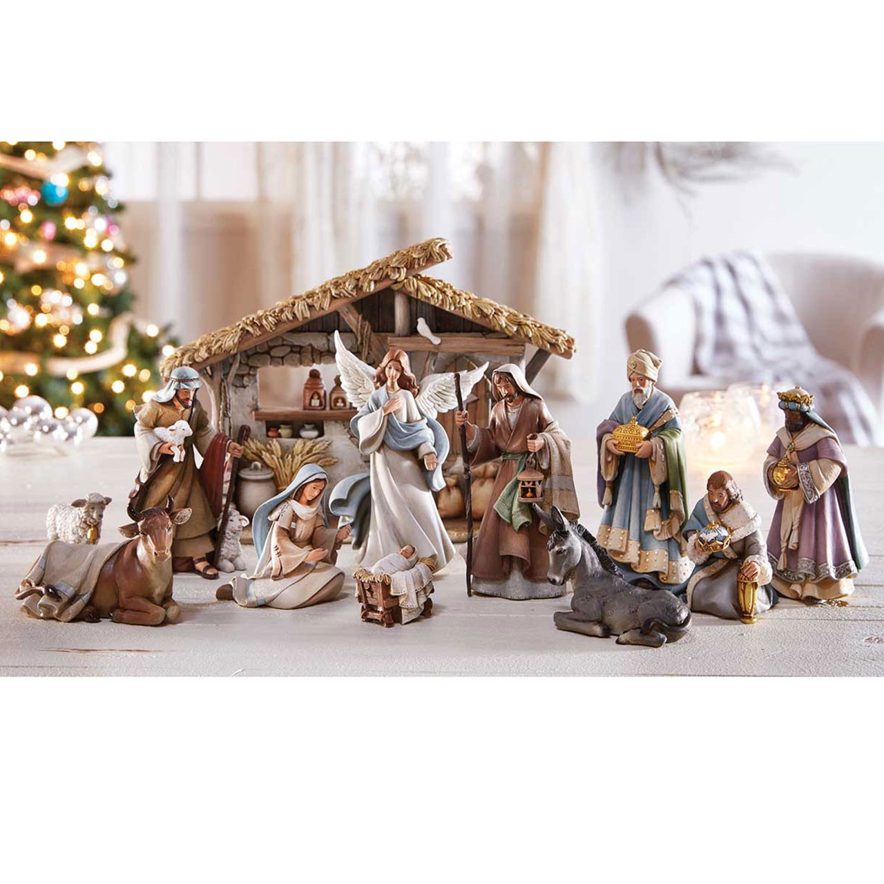 The 12 piece Bethlehem Nights Nativity Set shown displayed in a home