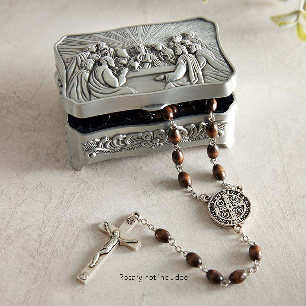 Antique Pewter Last Supper Rosary Box shown with a rosary, but the rosary is not included with your purchase