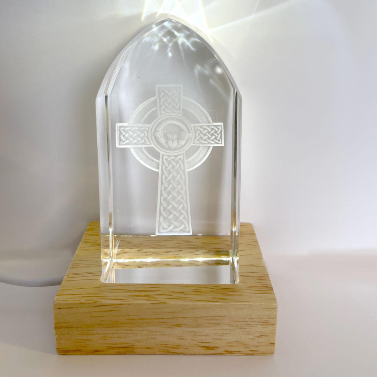 Etched Celtic Cross Glass Block shown on the optional light base - sold separately