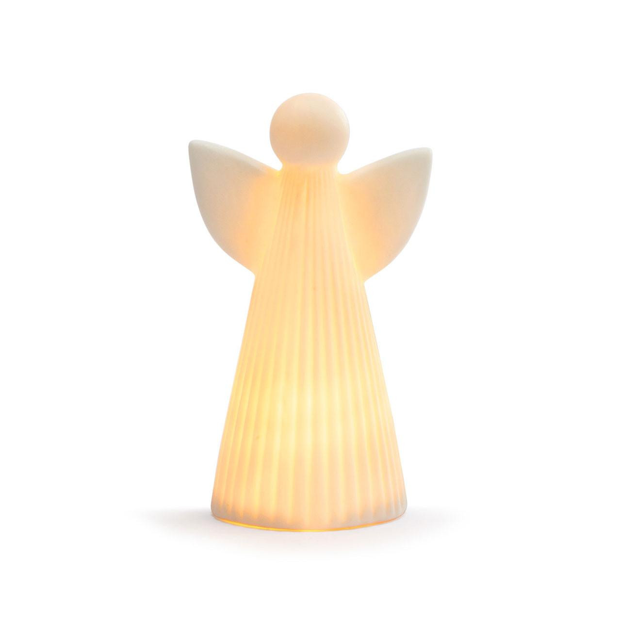 Back side of the Small Ceramic LED Angel Figure with the light on