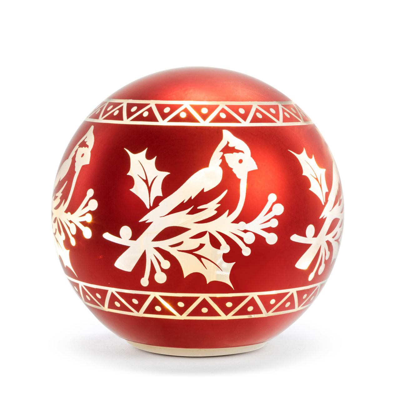 Red Cardinal Glass Globe with bright light on it