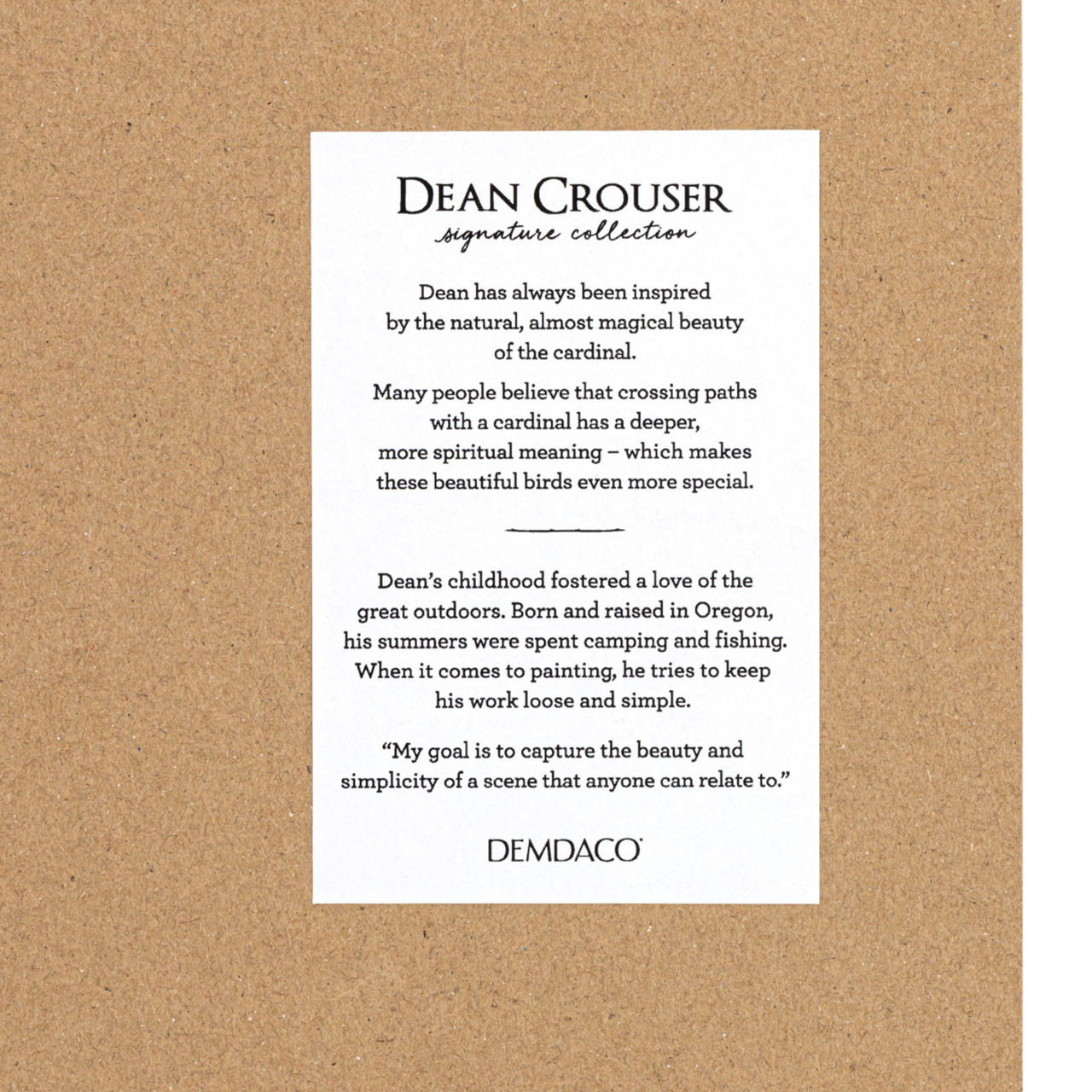 Statement about the artist Dean Crouser on the back of the 12x12 Cardinal Wall Art
