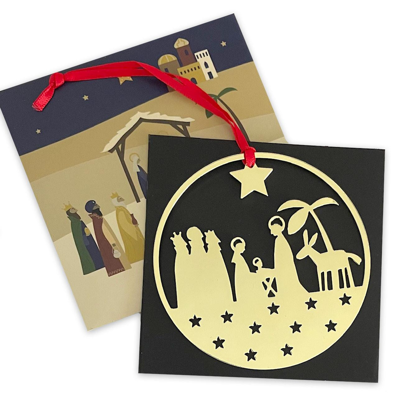 Round Gold Metal Nativity Ornament