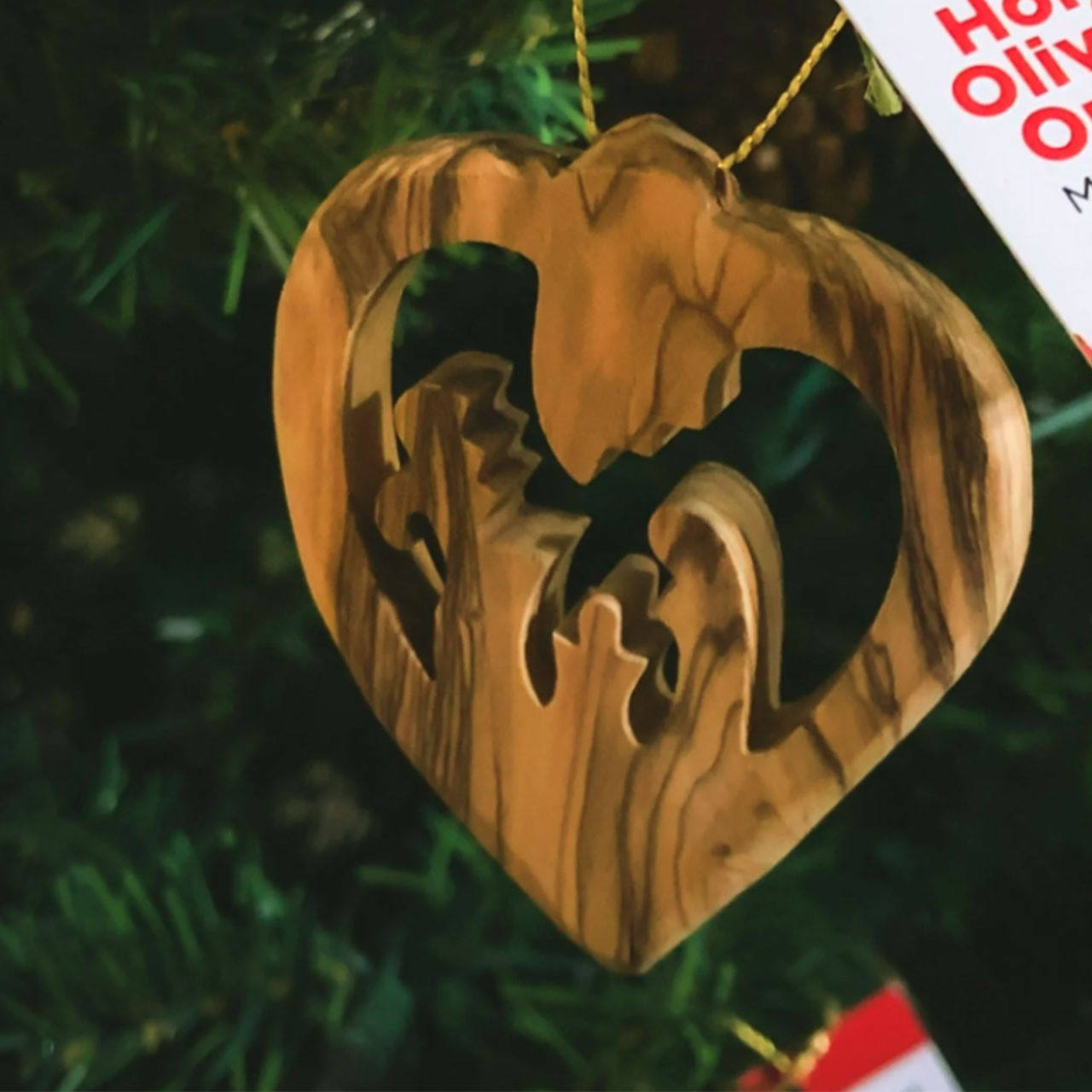 Detail of the Olive Wood Bethlehem Heart & Nativity Ornament
