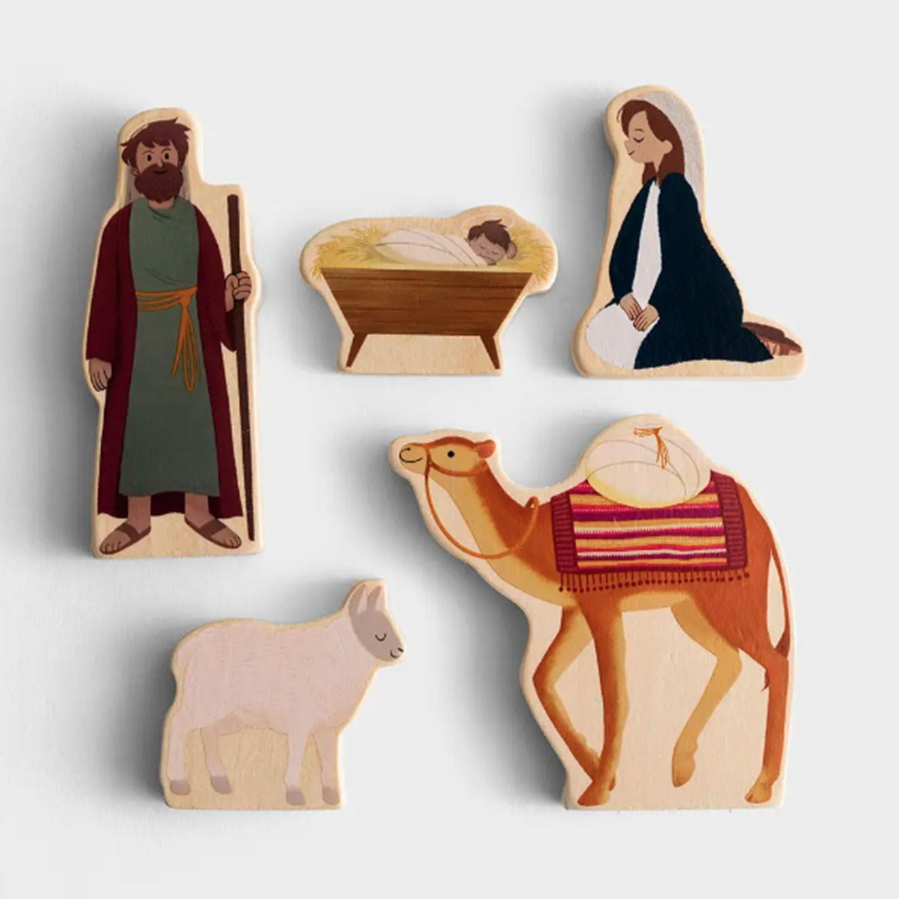 The wood character figures included in the Jesus is Born BibleBox Nativity Set