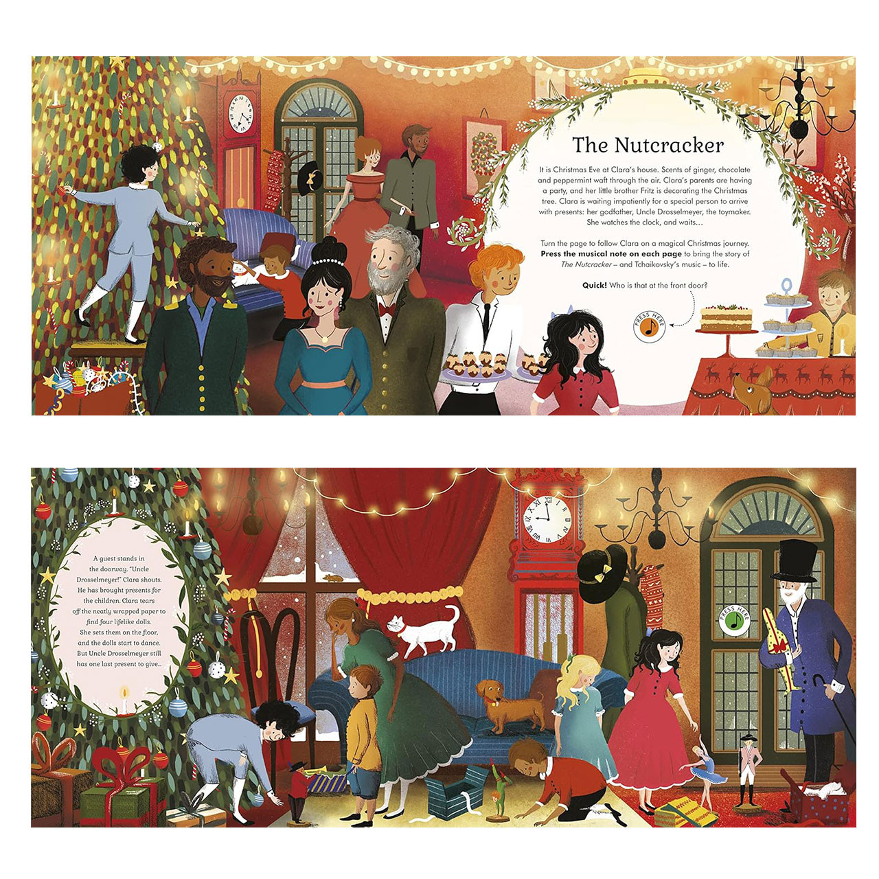 Inside pages with the push the button for music in The Orchestra Story The Nutcracker Book