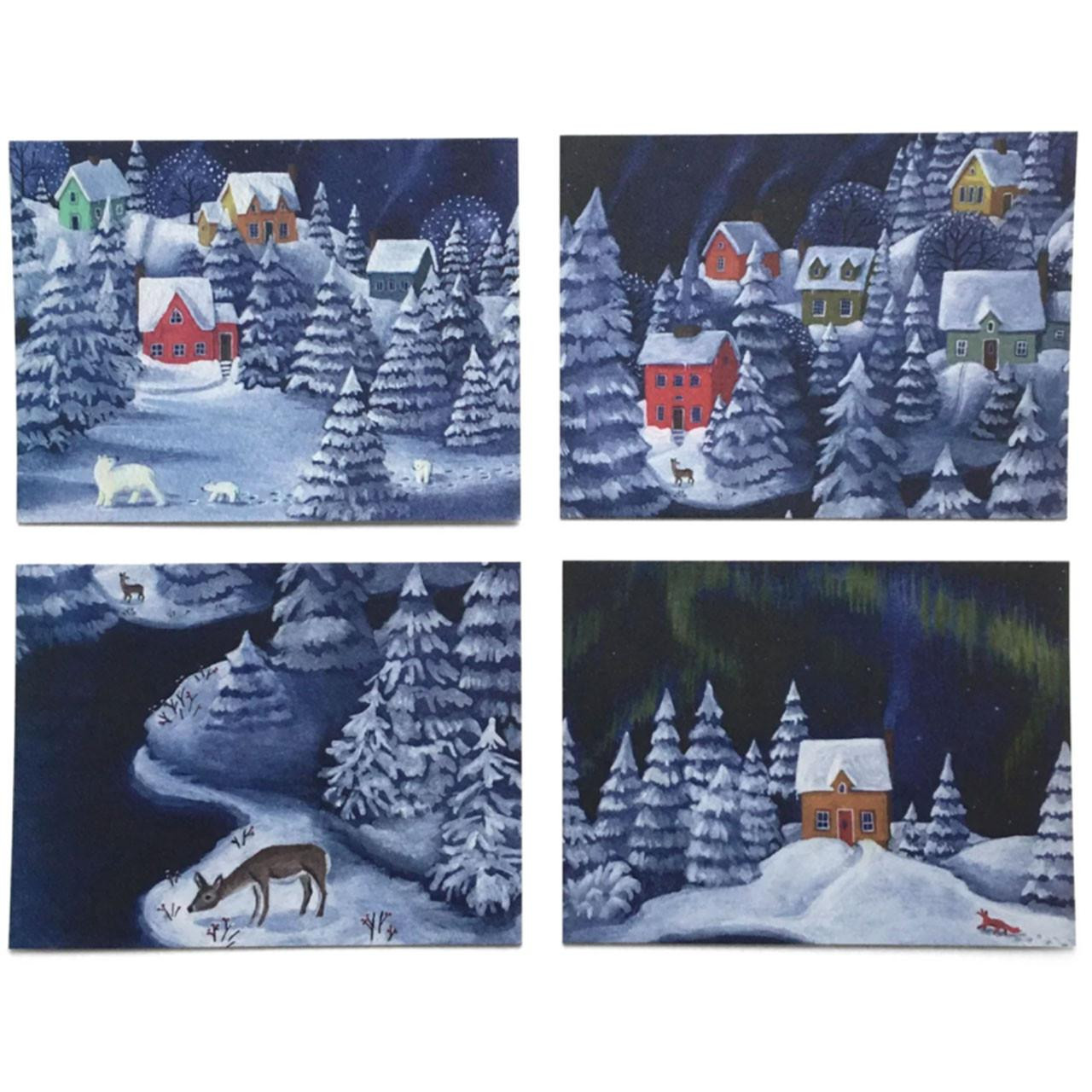 The 4 designs included in the Winter Scenes Notecard Set by Kirsten Sevig