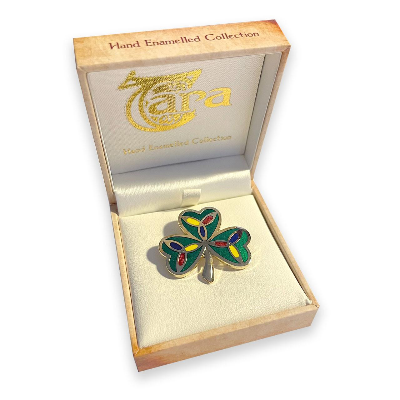 Tara Shamrock Enamel Brooch inside gift box