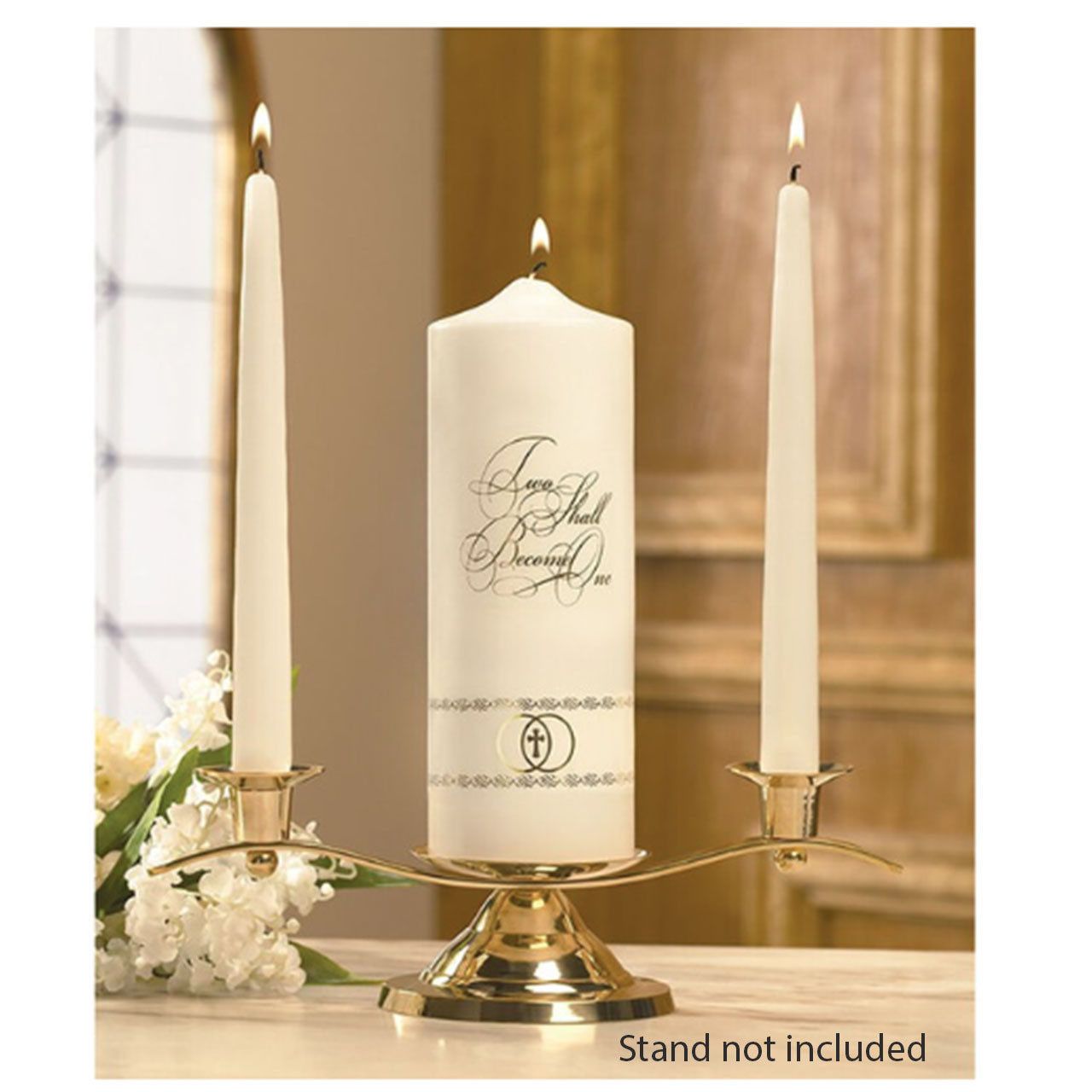 Example of the Two Shall Become One Unity Candle Set being used but your purchase of this set does not include the candle stand - stand is purchased separately