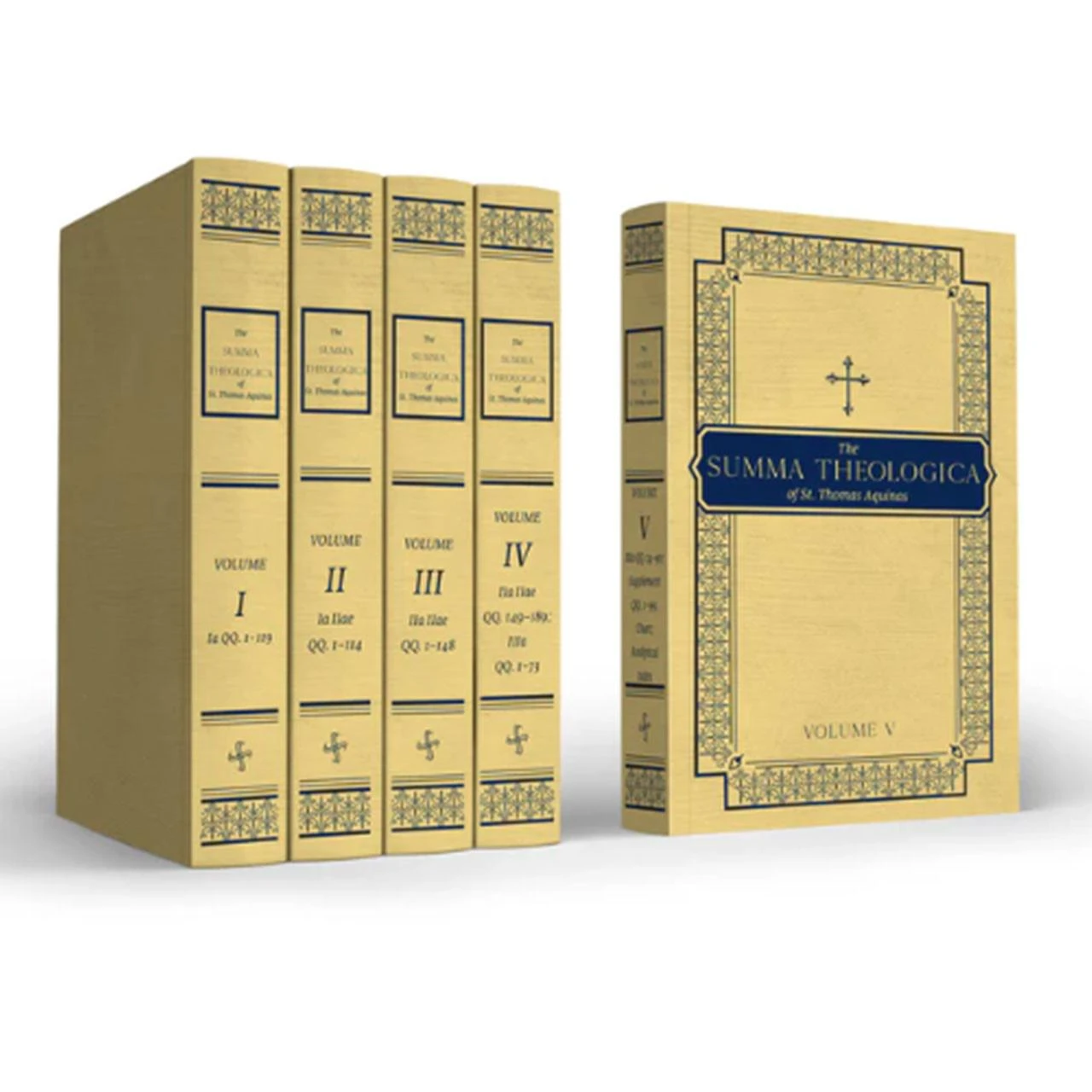 Detail of all five volumes of The Summa Theologica