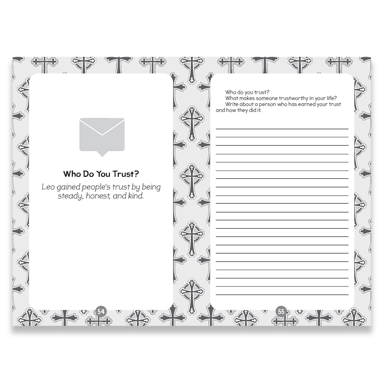 "Who Do You Trust" journal prompt inside My First Pope & Prayer Journal