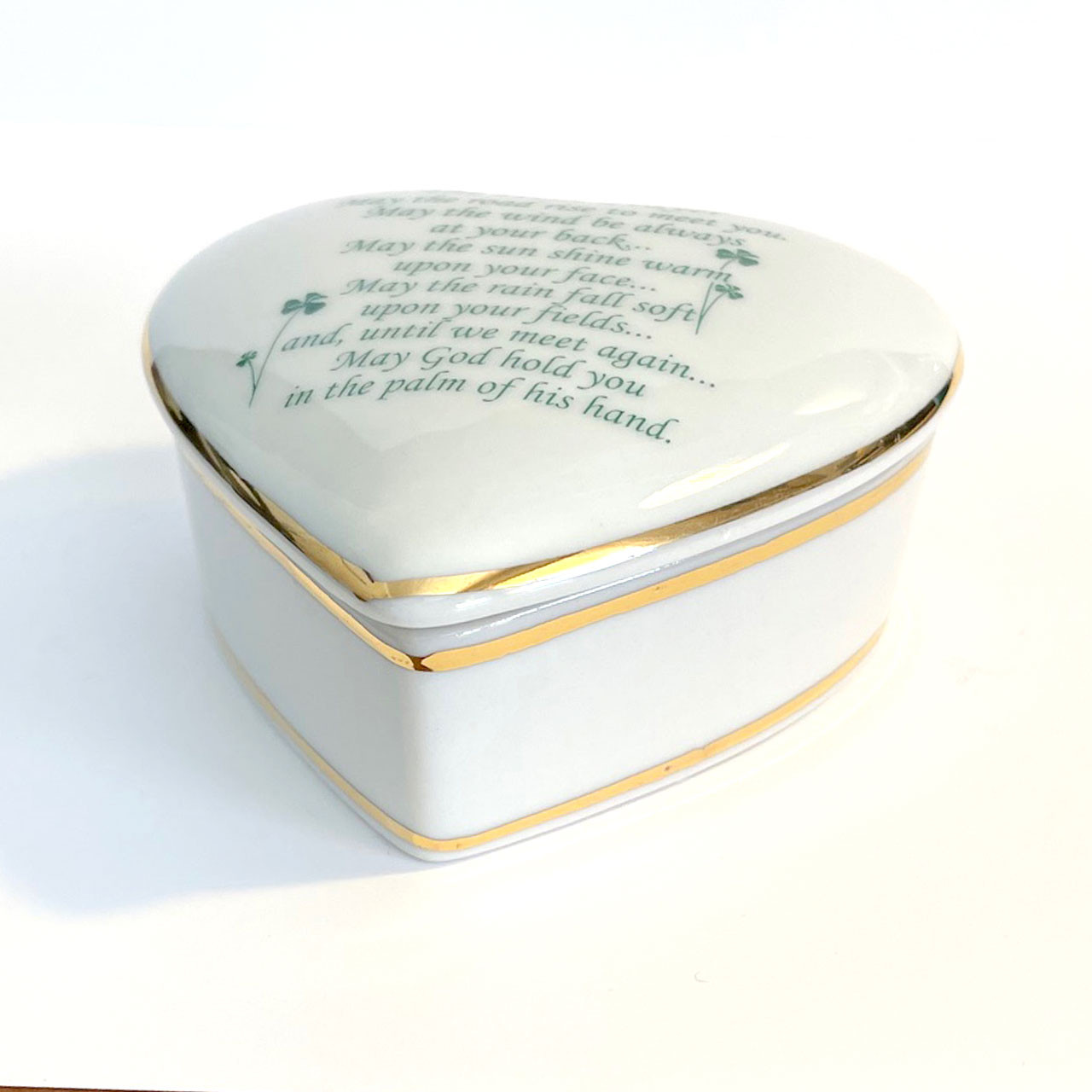 Side view of the Heart Shaped Shamrock Trinket Box