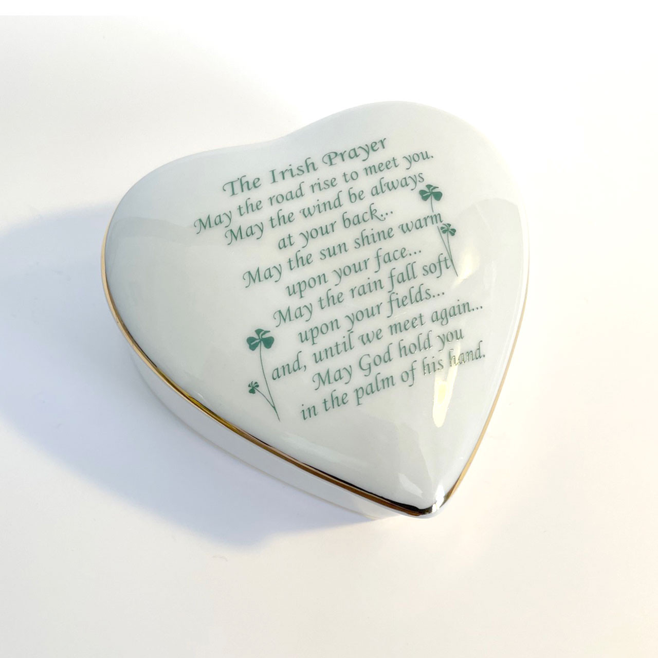 View of the top of the Heart Shaped Shamrock Trinket Box