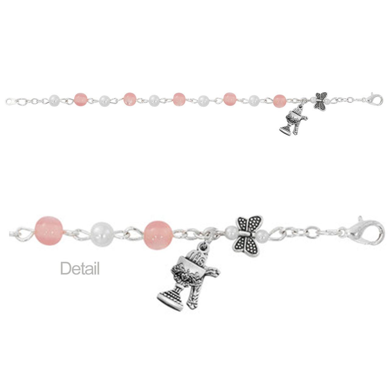 Pink First Communion Bracelet with Butterfly with detail image
