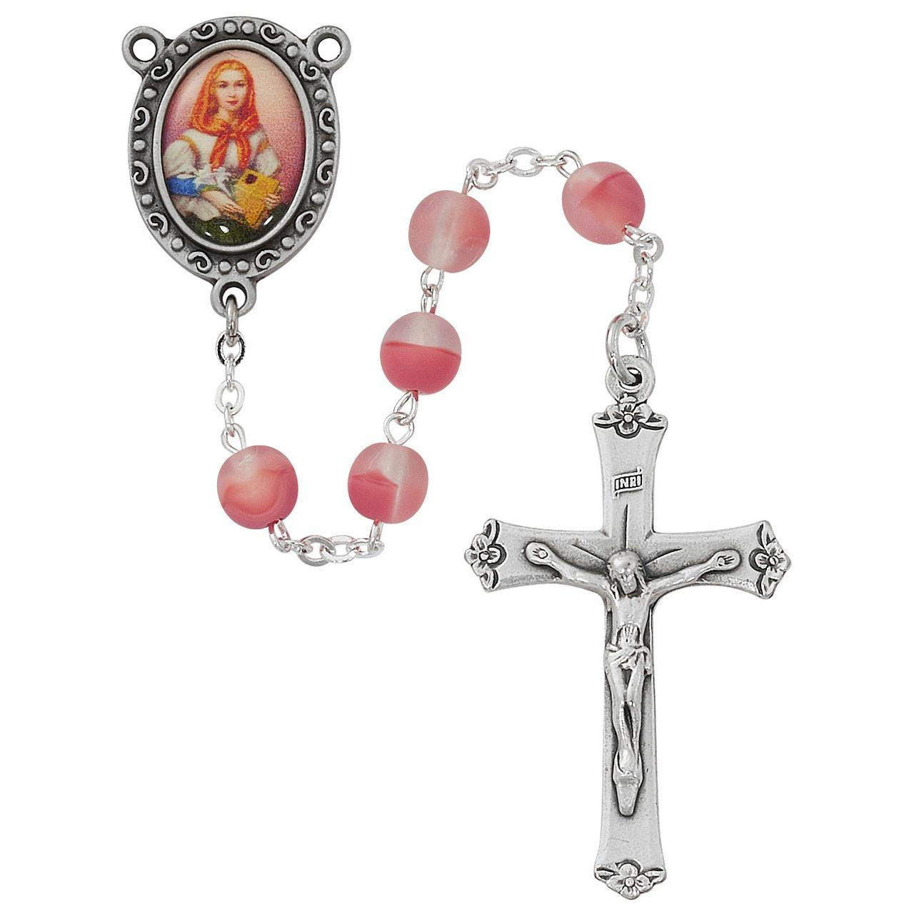 Detail photo of the Pink Glass St. Dymphna Rosary