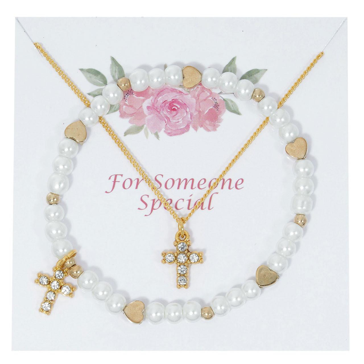 Pearl & Gold Heart Bracelet & Pendant Set