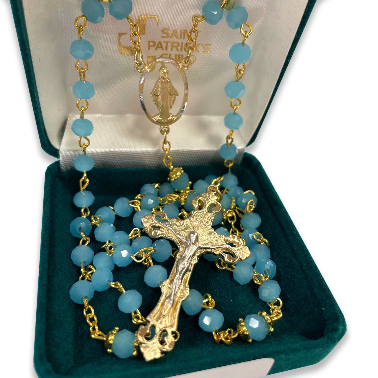 Two Tone Aqua Rosary shown in the gift box
