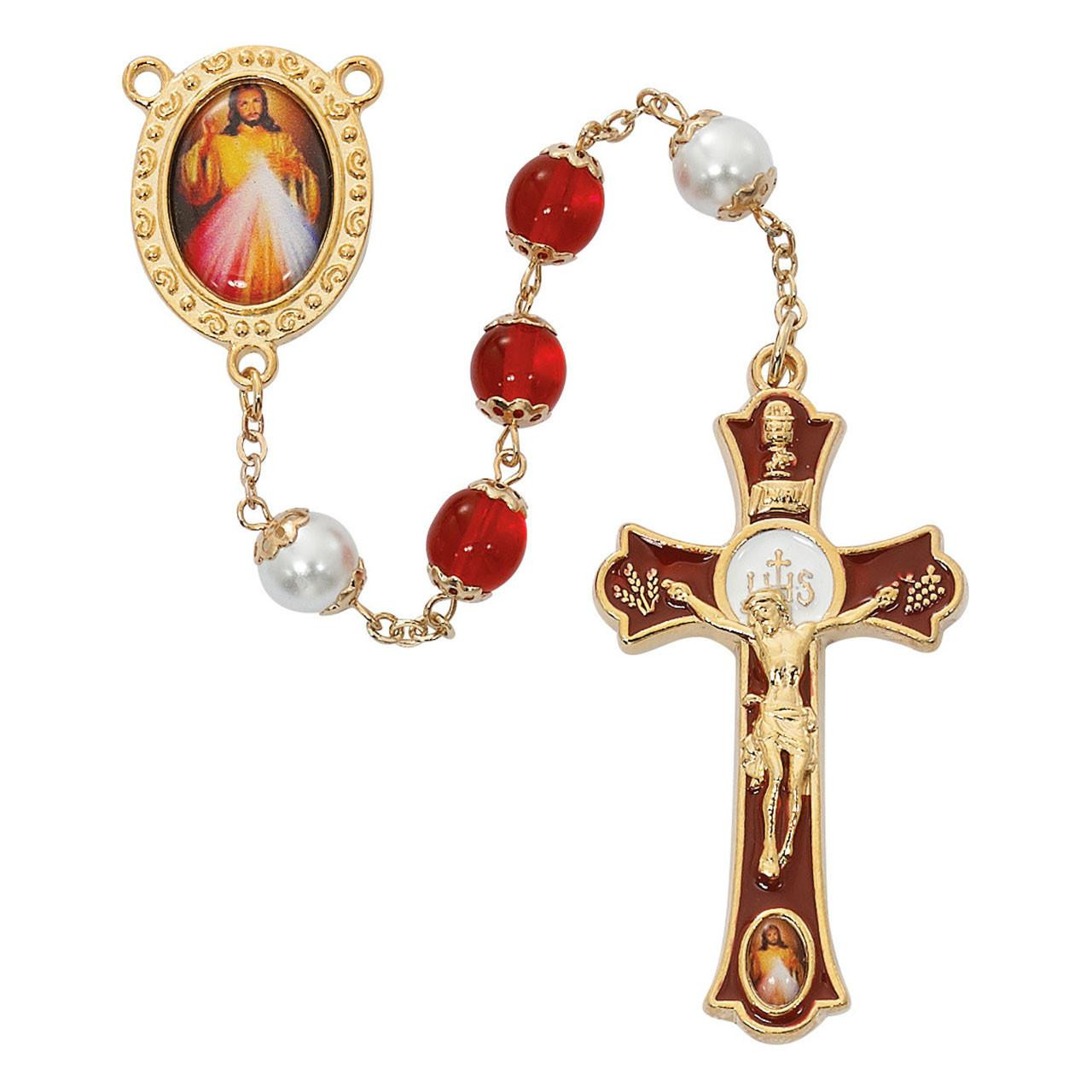 Detail photo of the Divine Mercy Rosary with Red & White Beads
