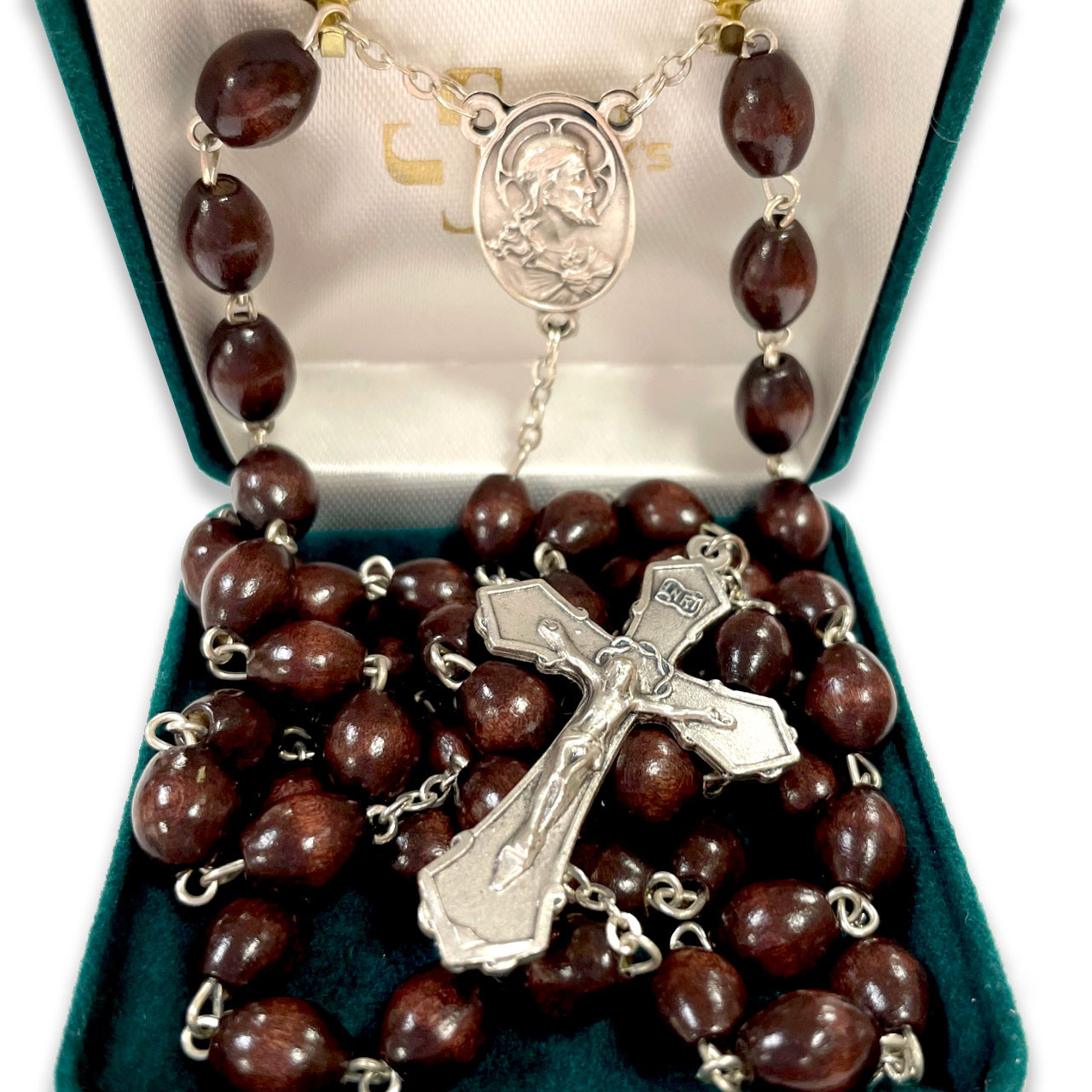 Brown Wood Scapular Rosary shown in the gift box