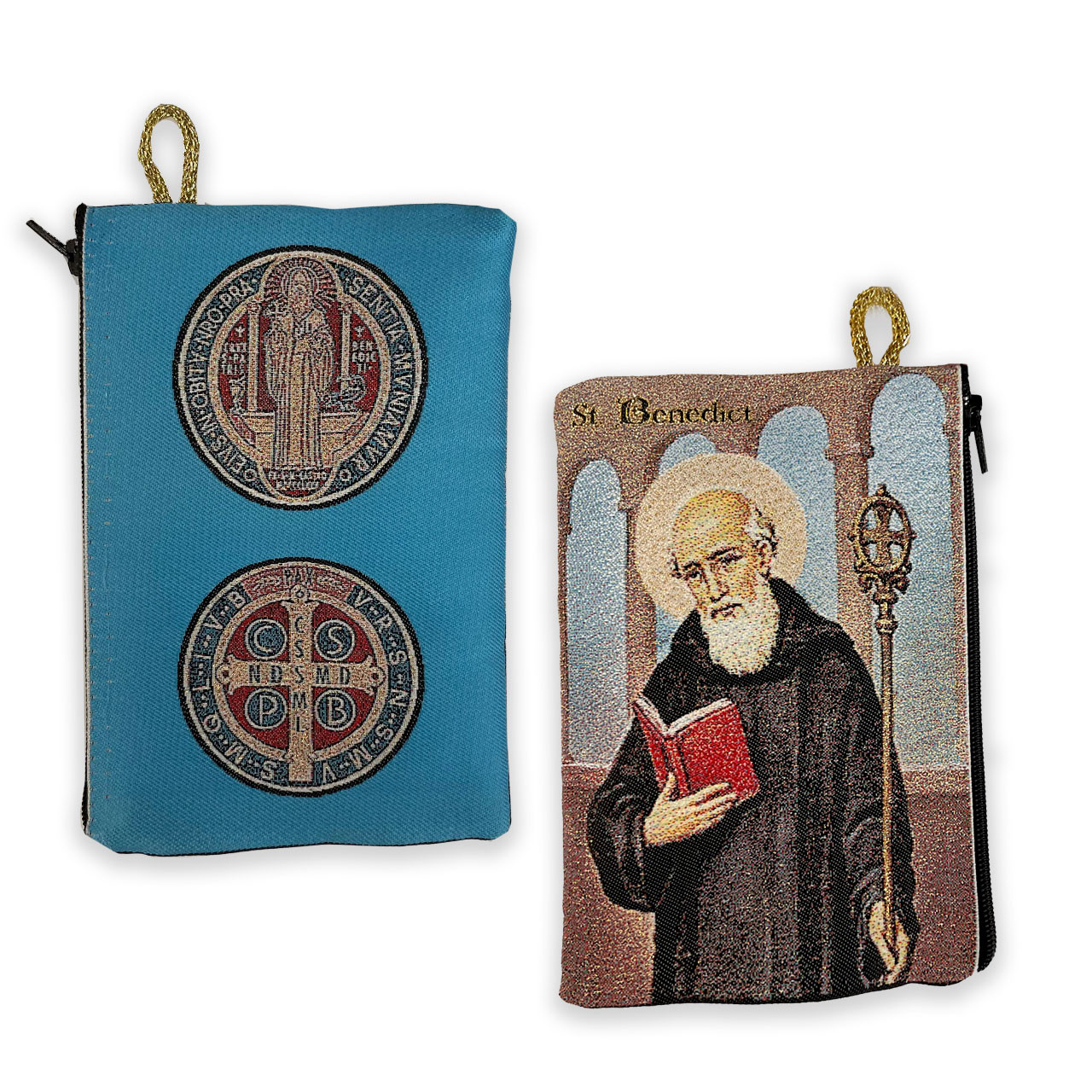 Shows both sides of the St. Benedict Rosary Pouch