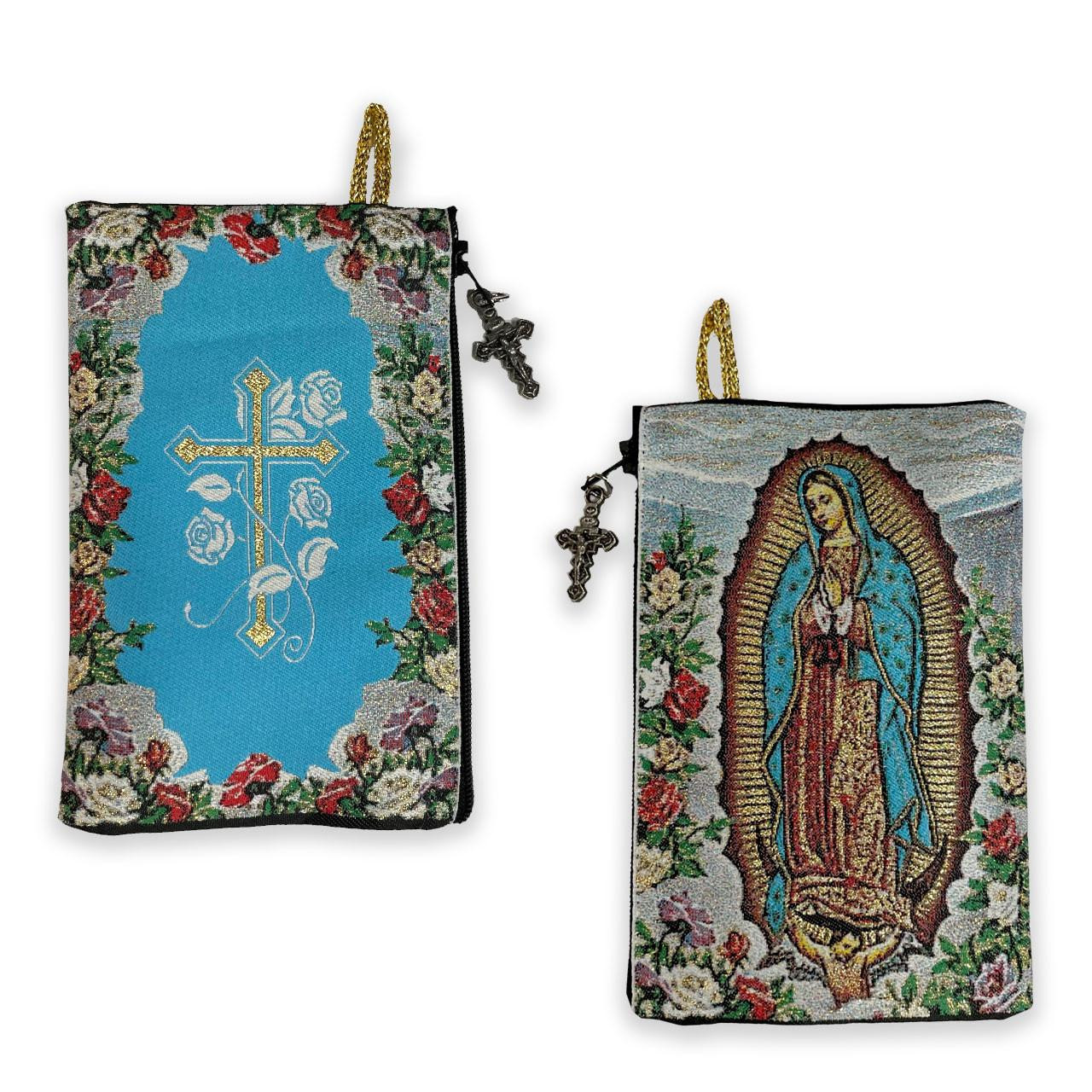 Shows both sides of the Our Lady of Guadalupe Rosary Pouch