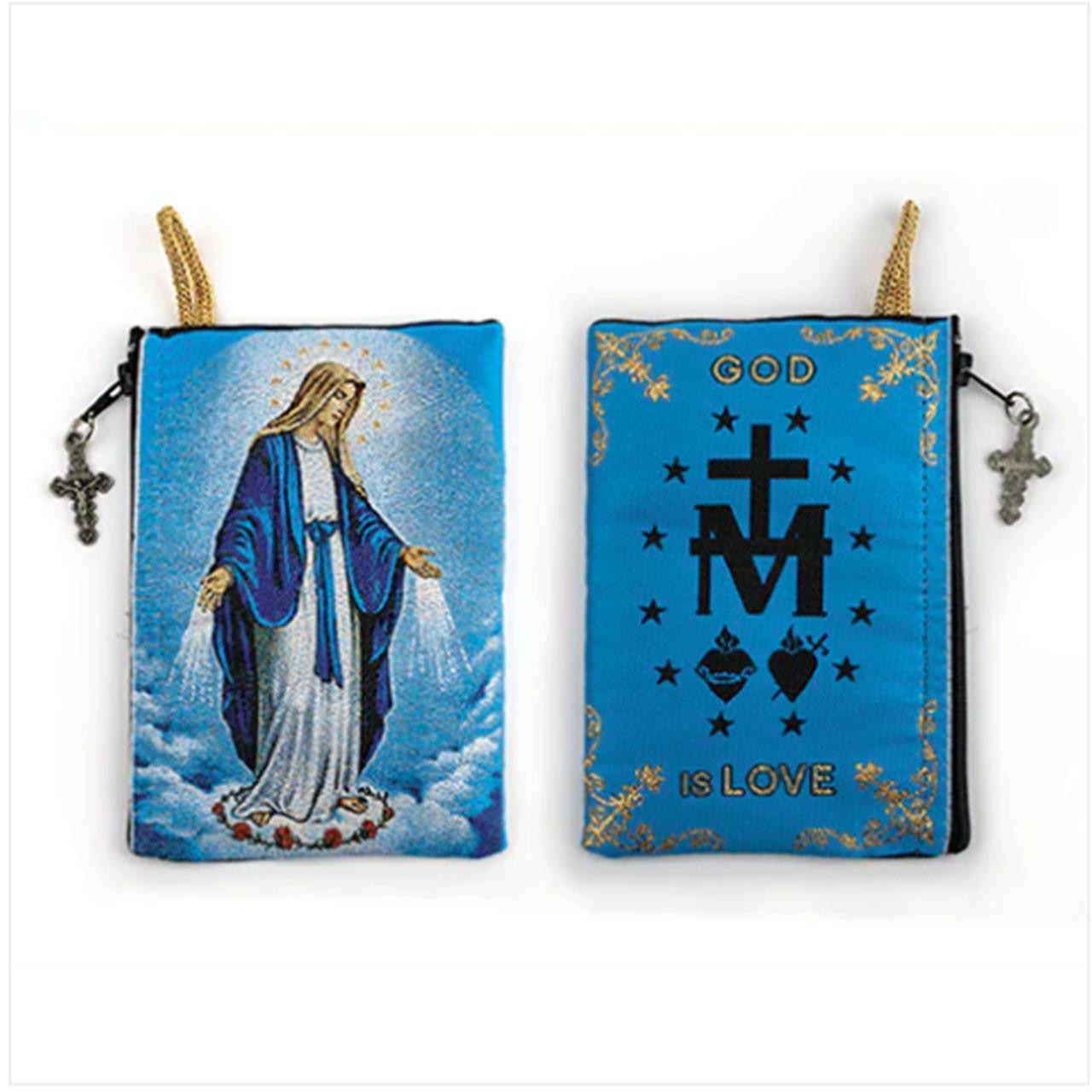 Shows both sides of the Our Lady of Grace Rosary Pouch