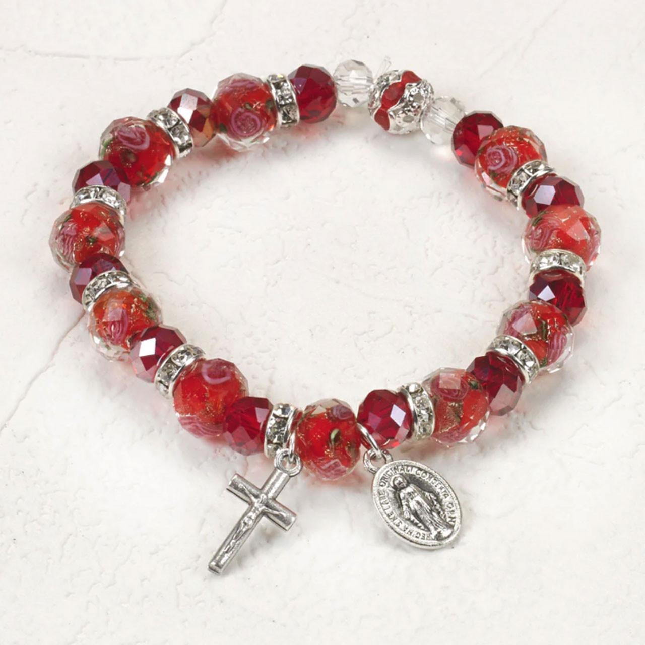 Red style of Painted Rose Crystal Rosary Bracelet